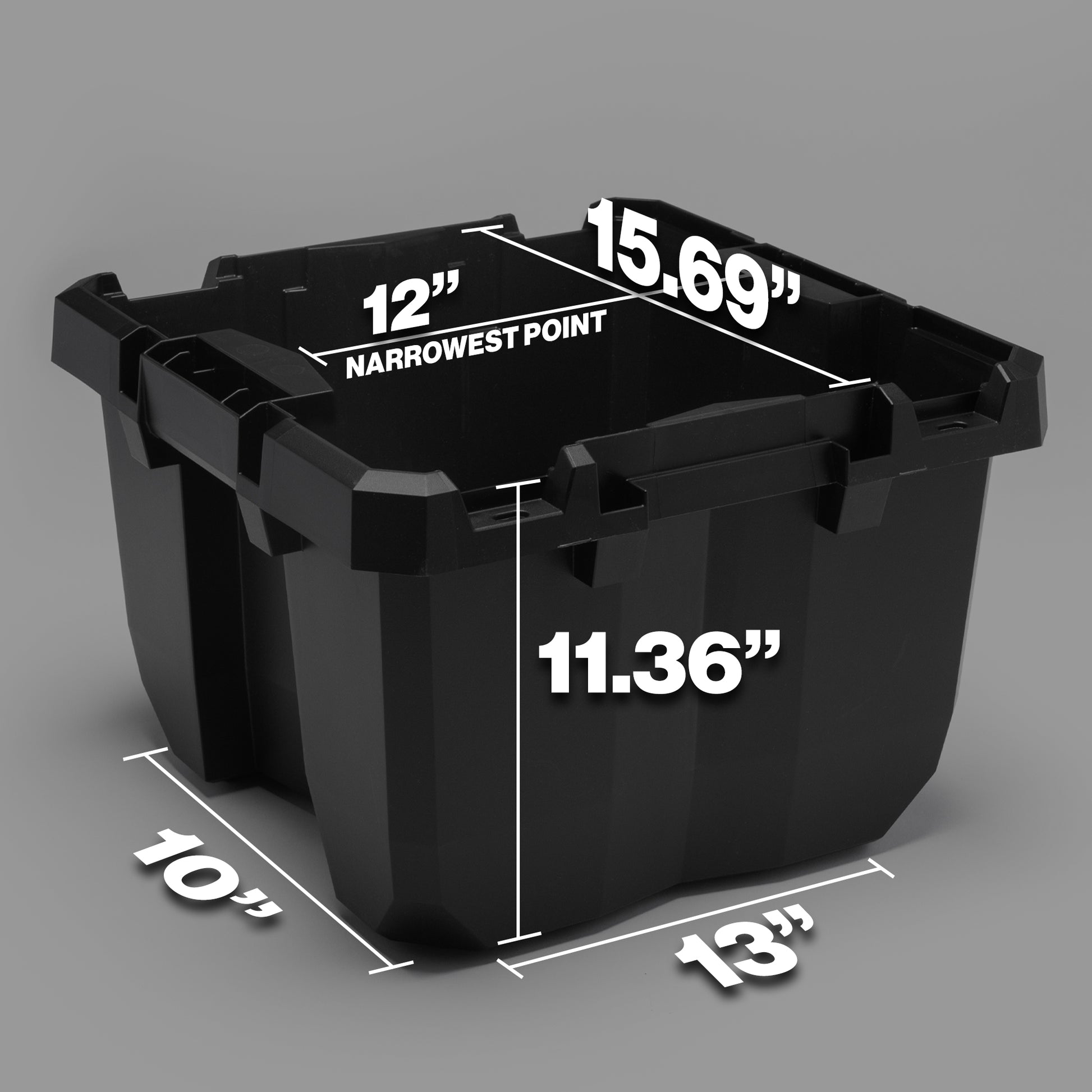 18-inch Sportsman Cube storage container with dimensions labeled, showcasing a durable design for versatile use.