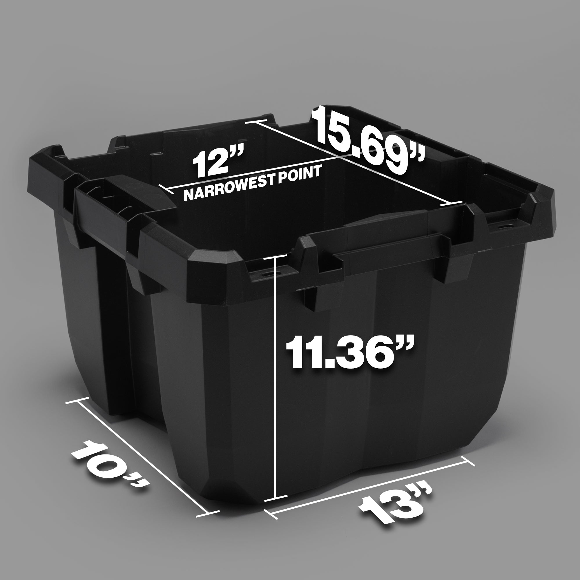 18-inch Sportsman Cube storage container with dimensions labeled, showcasing a durable design for versatile use.