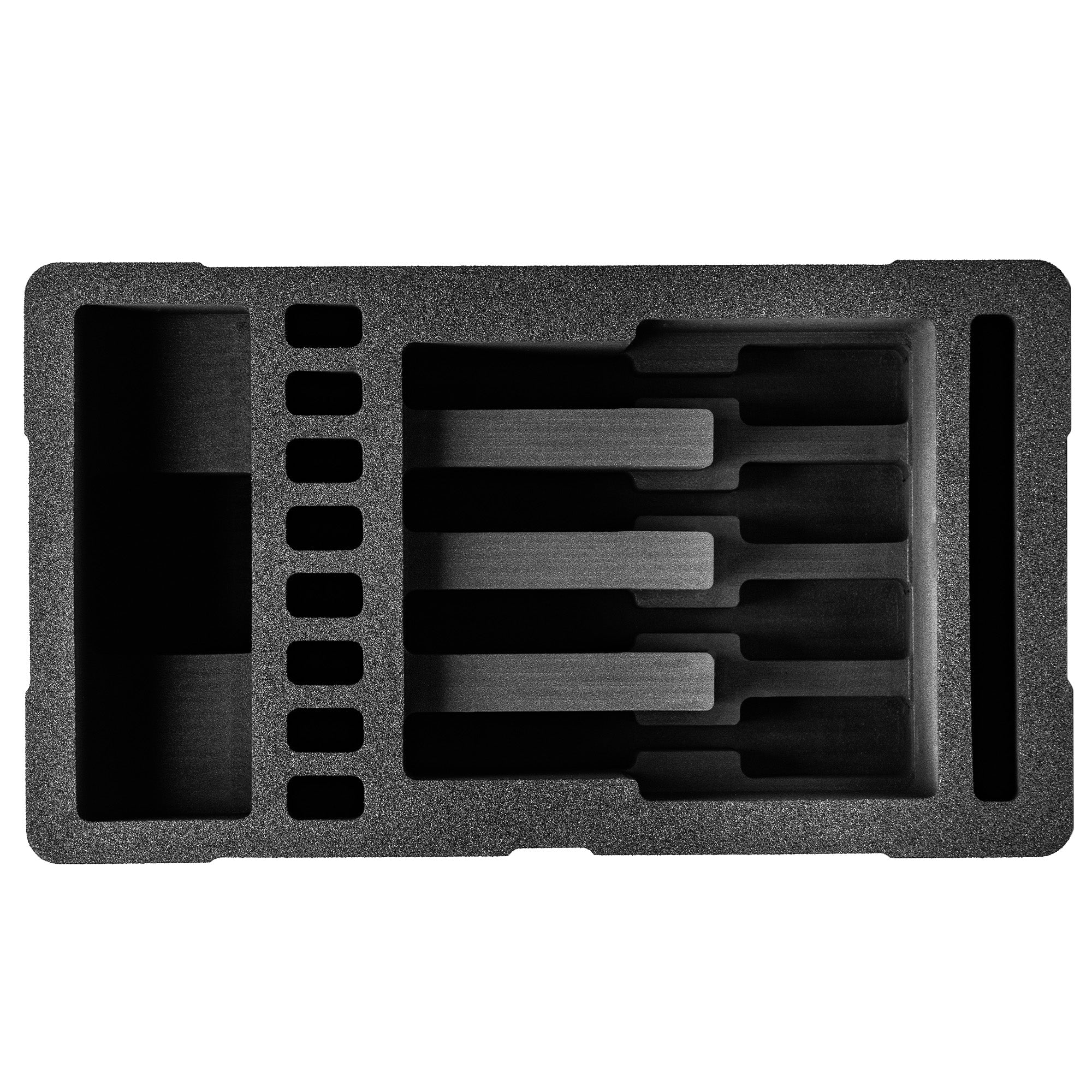 Pre-cut foam insert for #300 case, featuring four slots and eight magazine compartments for secure storage and organization.