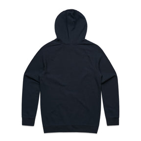 Back view of a navy blue logo hoodie featuring a classic design, ideal for casual wear and comfort.