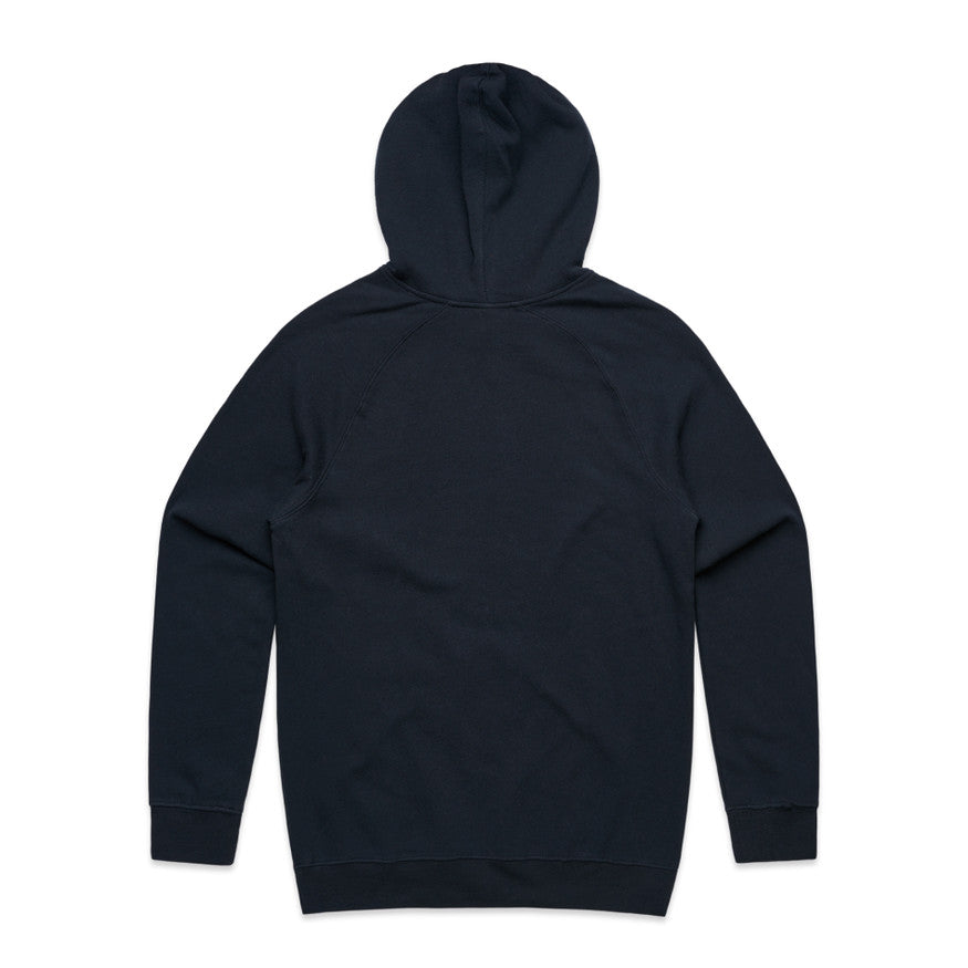 Back view of a navy blue logo hoodie featuring a classic design, ideal for casual wear and comfort.