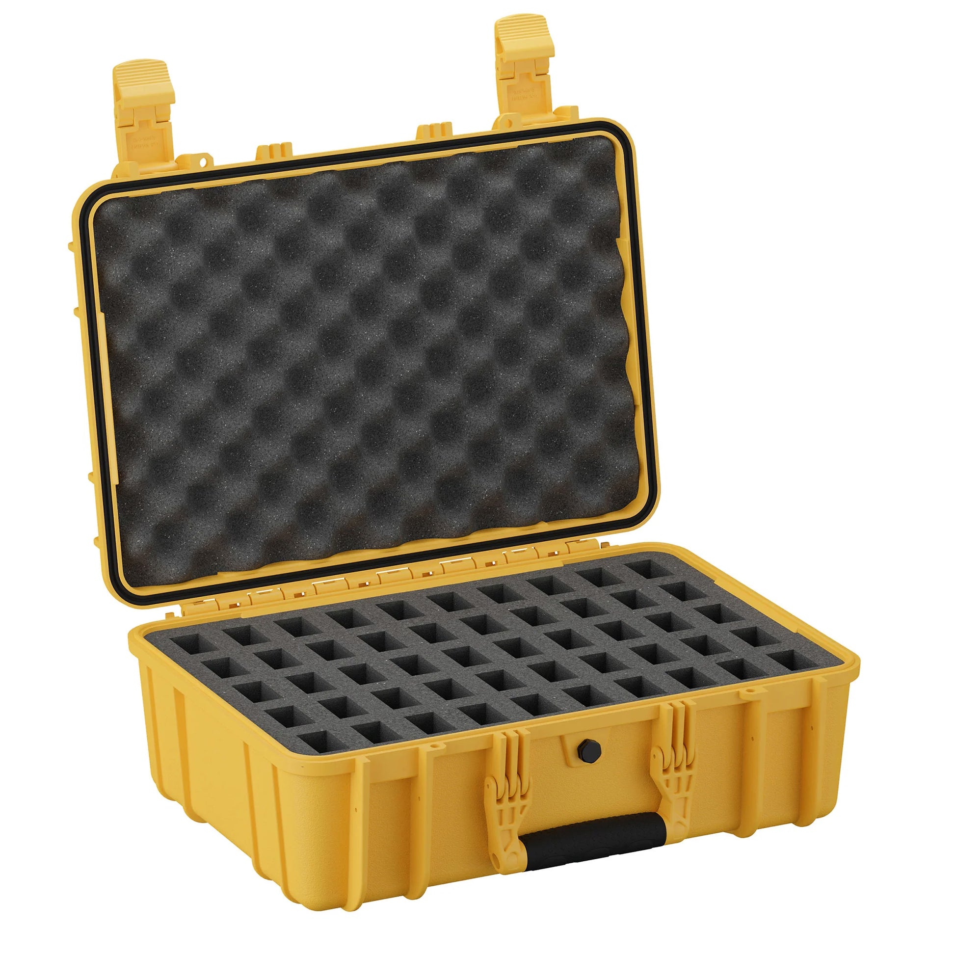 Yellow protective case with foam interior designed for 18-inch, 50-round magazine storage, model #801.