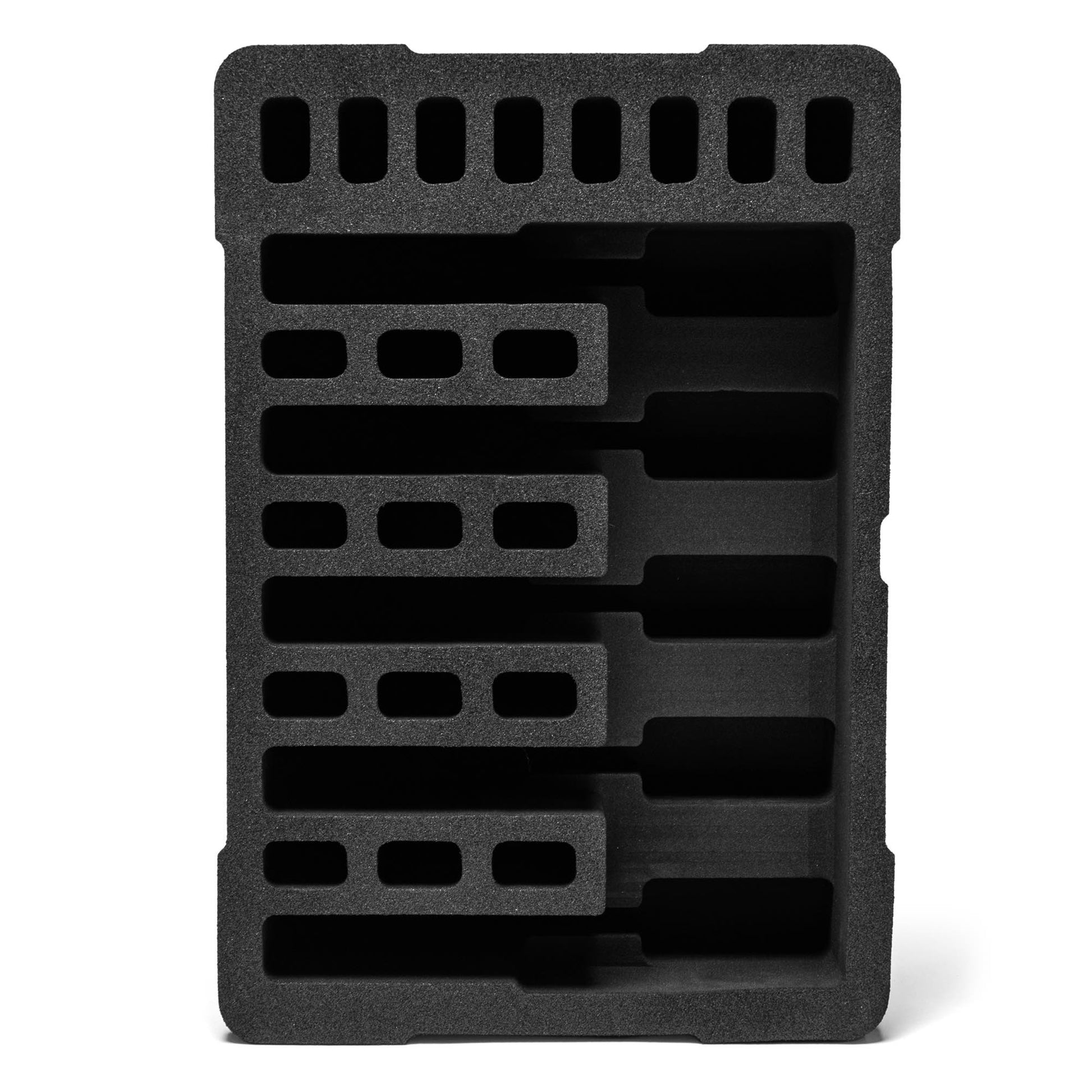 Pre-cut foam insert designed for #801 case, featuring five slots for securely holding 20 magazines during transport.
