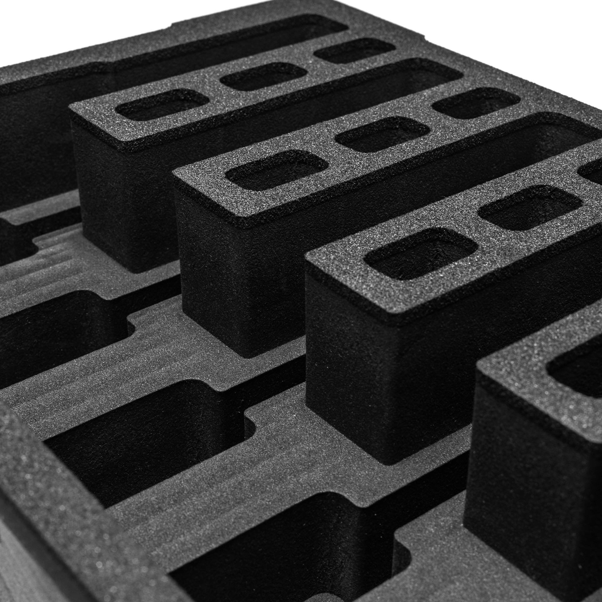 Pre-cut foam insert designed for #801 case, featuring five slots for securely storing 20 magazines.