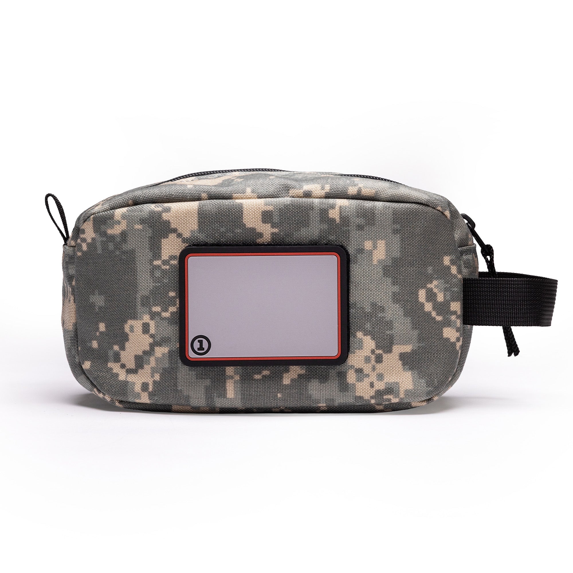 Camouflage ammo bag with a zippered closure and a blank label area for personalization, ideal for storing ammunition and gear.