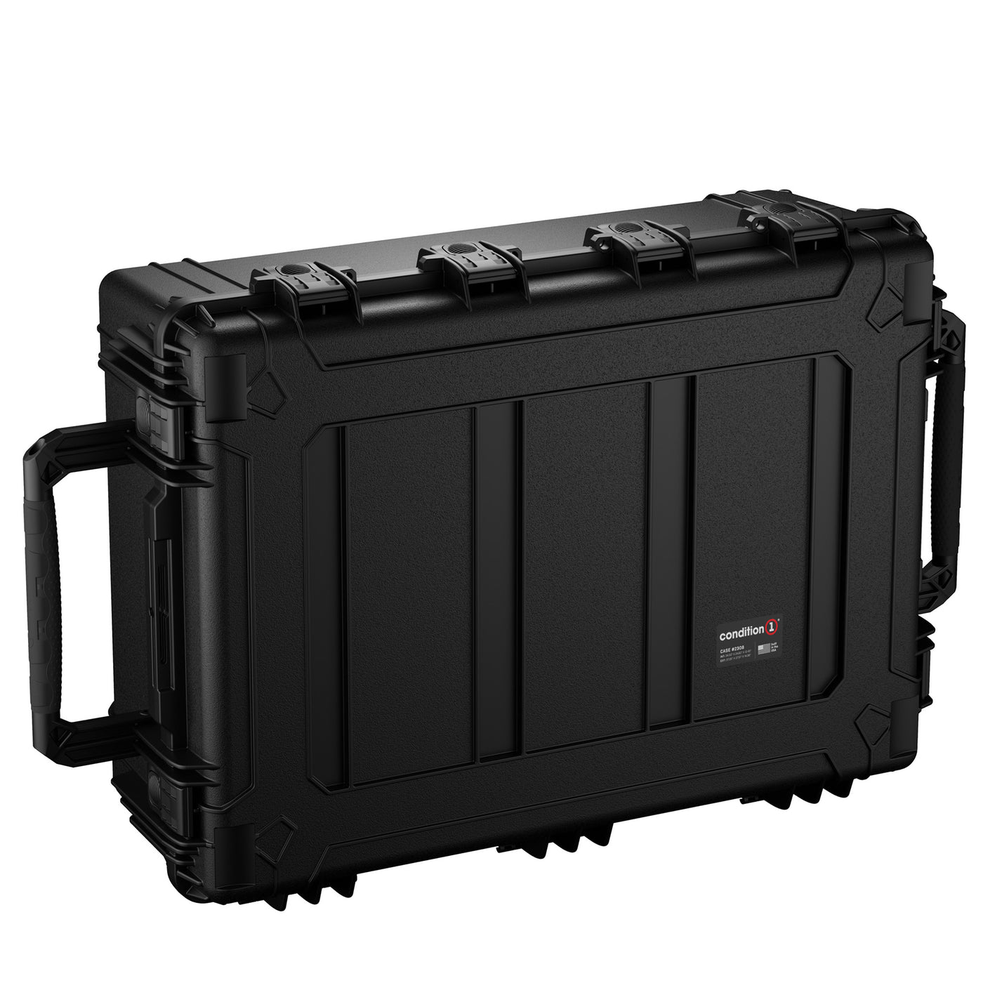 Alt text: "Black 38-inch large rugged case, model #2308, featuring multiple locking clasps, a sturdy handle, and reinforced ribbed exterior design for added durability."