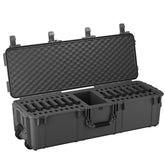 Open 45-inch, black pistol storage trunk with foam interior and multiple compartments for organizing 14 pistols.