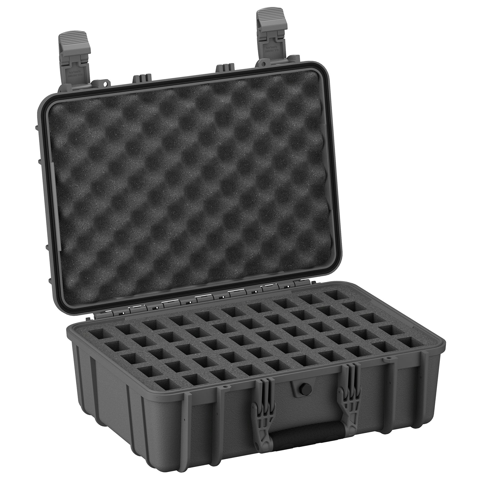 Alt text: "Open rugged black 18 inch 50 Magazine Case #801, featuring a grid foam insert and secure latches, suitable for storage and protection of precision equipment."