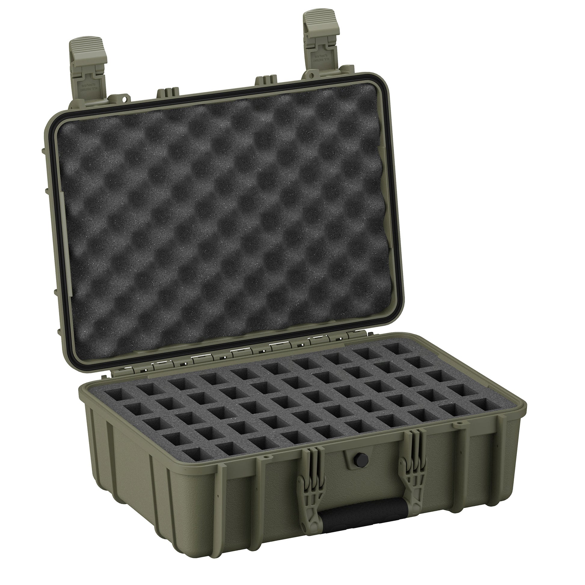 18-inch olive green hard case (Mag Case #801) with open lid, displaying foam inserts with a grid pattern for magazine storage, featuring dual latch closures and black foam padding inside the lid.
