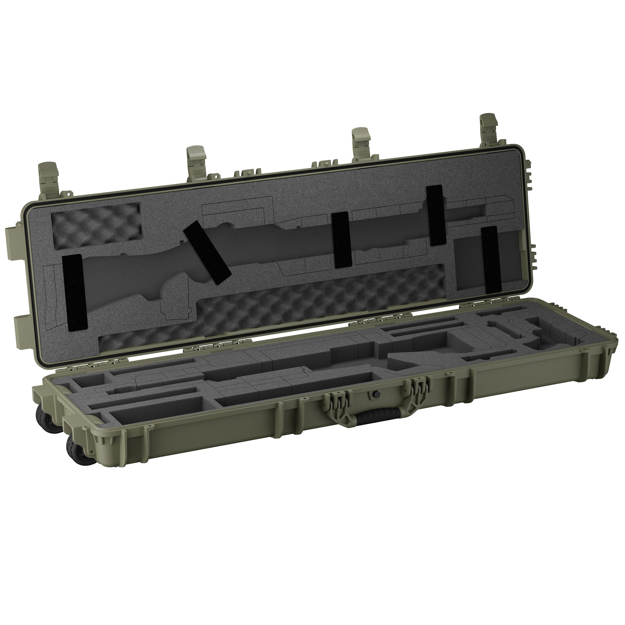 Open green 55" 3-gun case with foam padding and compartments for rifles and accessories.