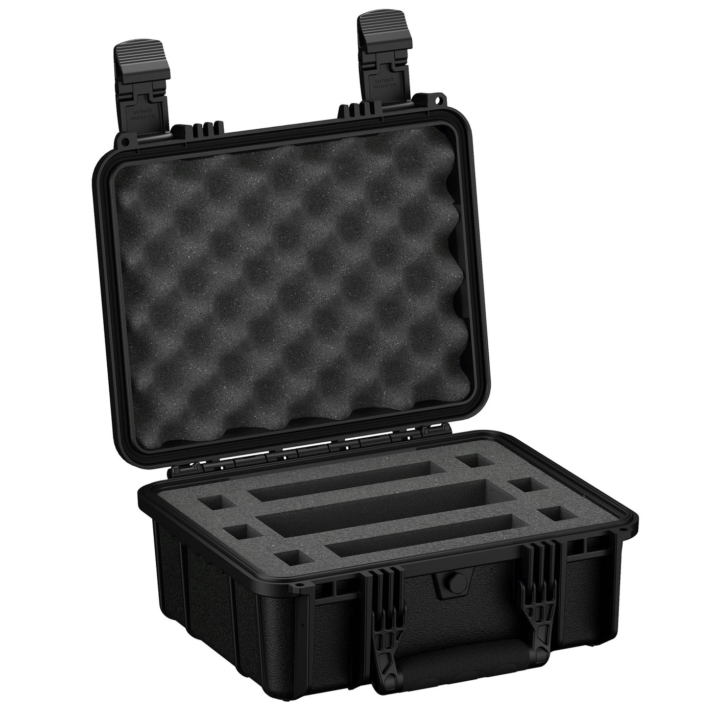 Alt Text: "Black 14-inch 2 Micro Gun Case #075, open, with dual locking clamps and customizable foam inserts on both lid and base for secure equipment storage."