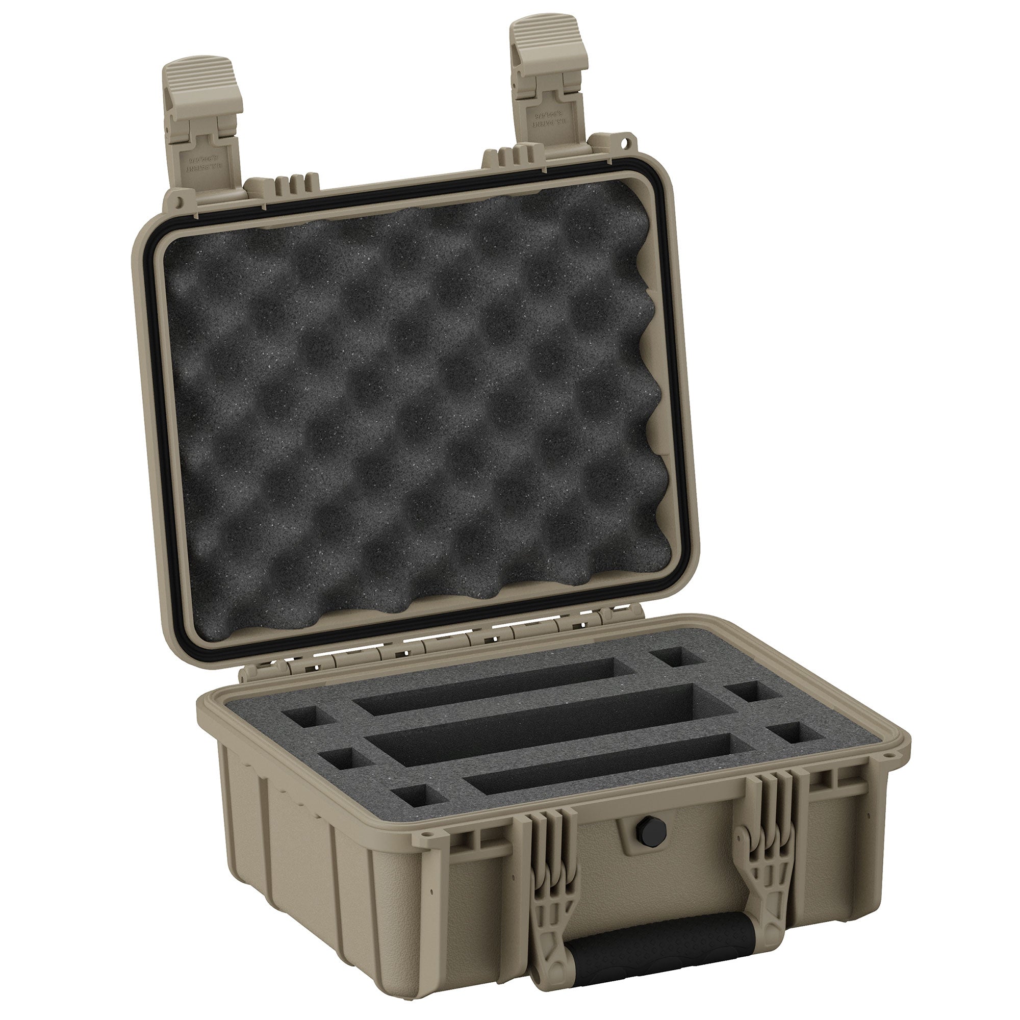 Alt Text: "Rugged tan micro gun case, 14 inches, model #075, featuring a sturdy dual-latch closure, with open foam-padded interior designed for organizing and protecting firearms. The case is shown open, displaying its customizable foam