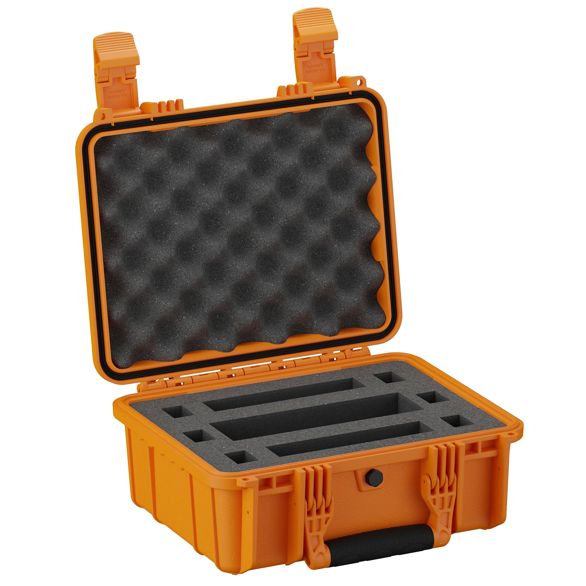 Alt text: Open 14-inch orange micro gun case, model #075, with foam inserts and rugged exterior, displaying customizable compartments for secure storage.