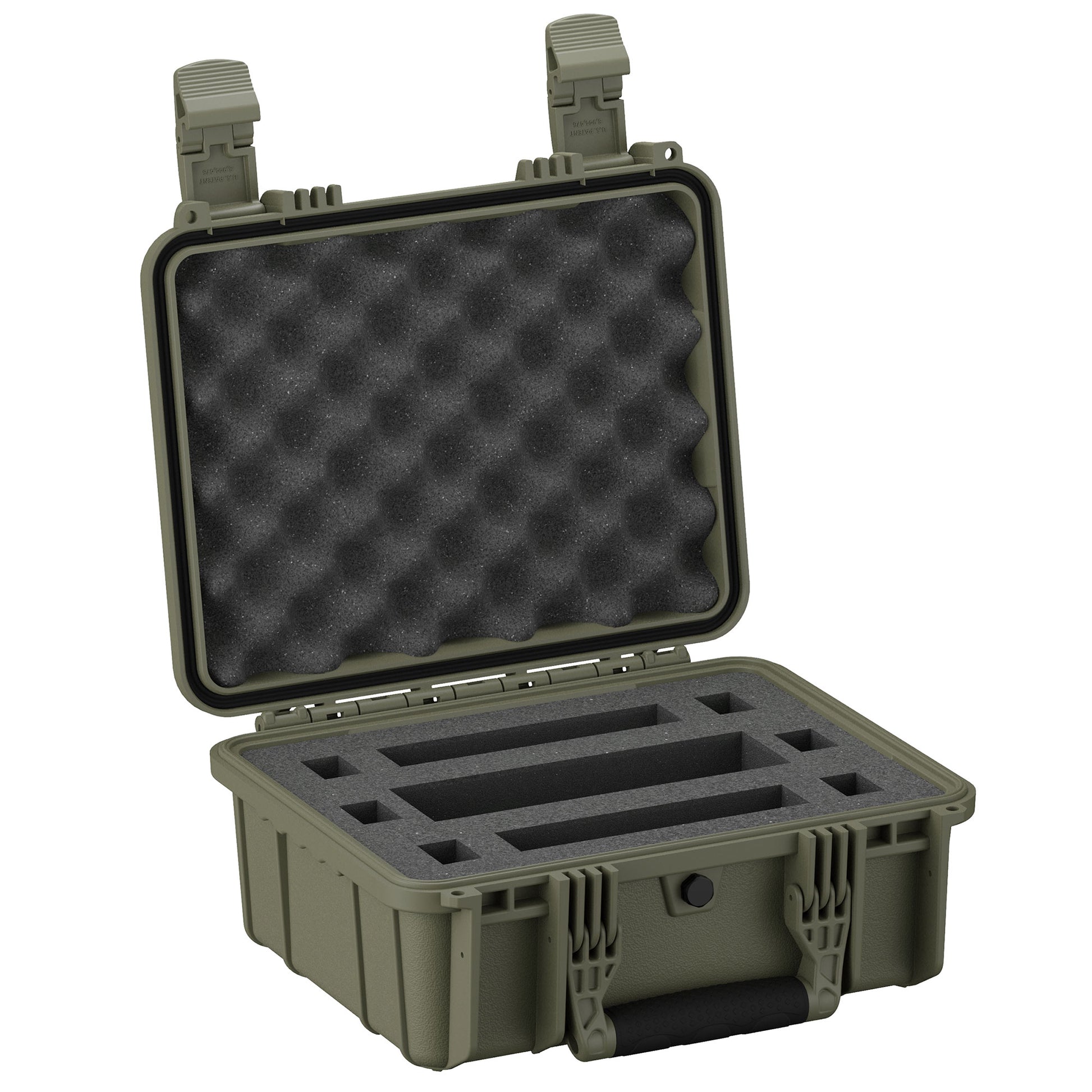Alt text: "Open 14-inch 2 Micro Gun Case #075 in olive green featuring customizable foam interior inserts and egg-crate foam lined lid, designed for secure and organized storage of firearms and accessories."