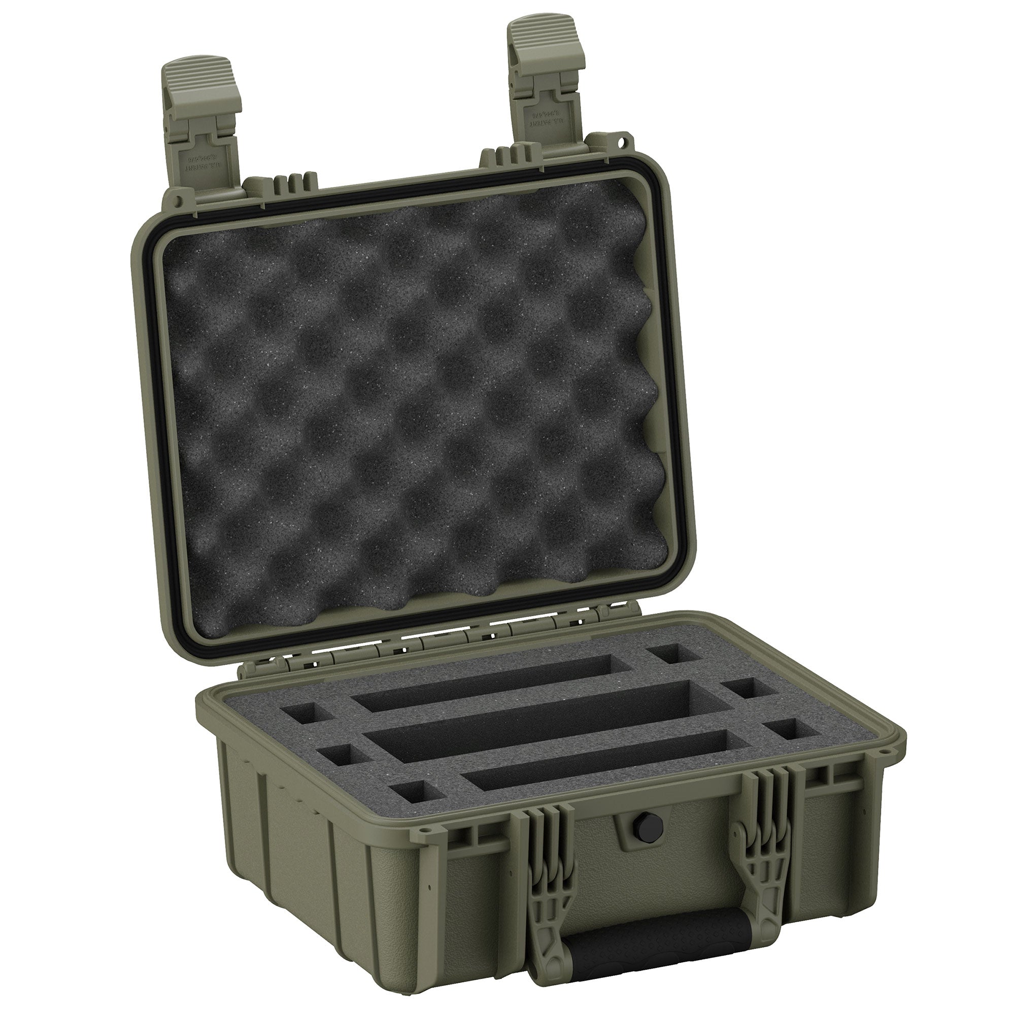Alt text: "Open 14-inch 2 Micro Gun Case #075 in olive green featuring customizable foam interior inserts and egg-crate foam lined lid, designed for secure and organized storage of firearms and accessories."
