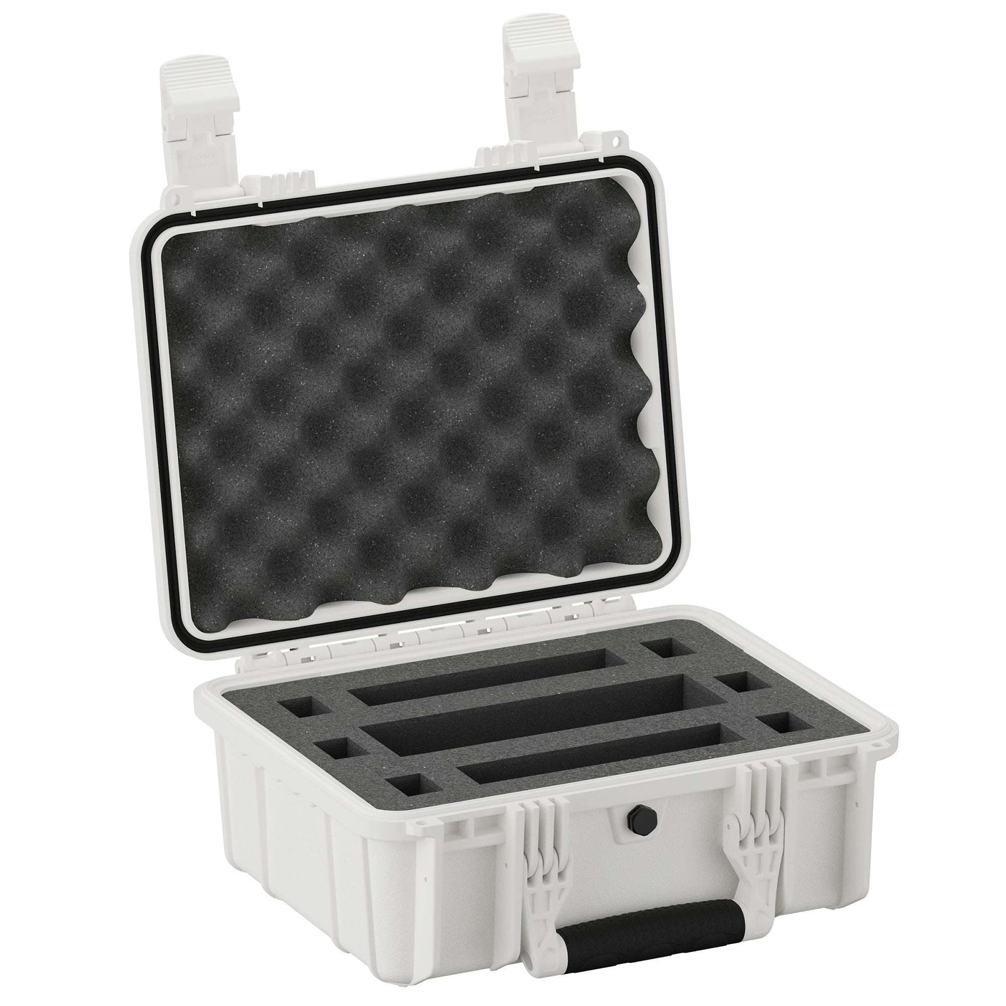 Alt text: "14-inch Micro Gun Case #075 opened to display interior foam cutouts and egg-crate foam lid padding, featuring secure white plastic exterior with sturdy latches."