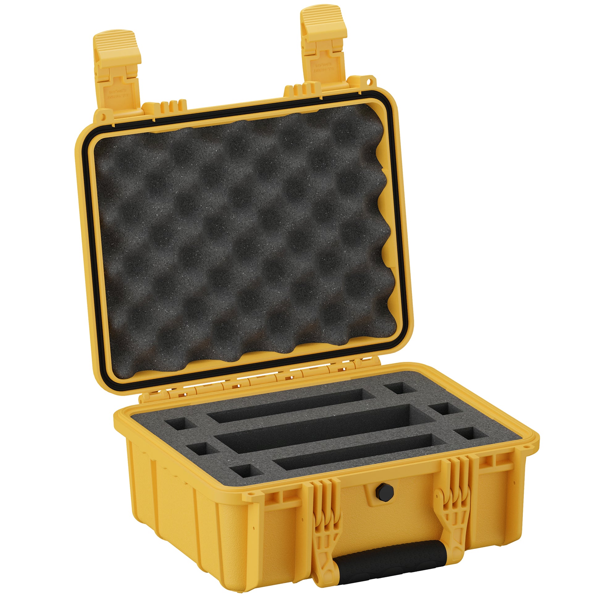 Yellow 14-inch two-micro gun case with foam padding and secure latches, designed for safe firearm storage and transport.