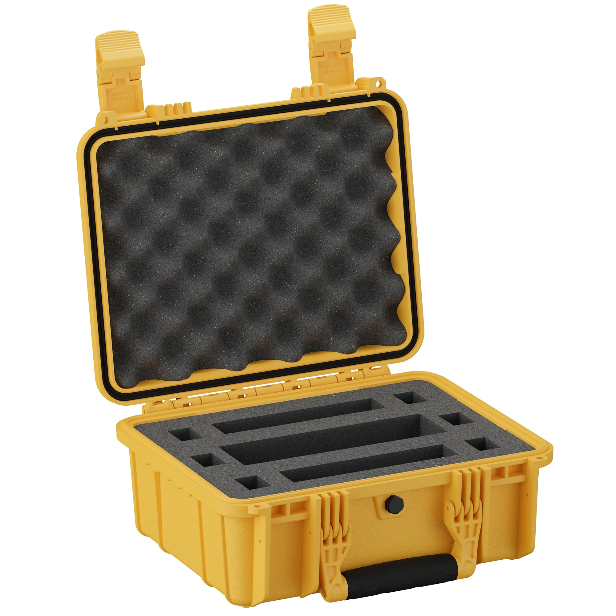 Yellow 14-inch two-micro gun case with foam padding and secure latches, designed for safe firearm storage and transport.