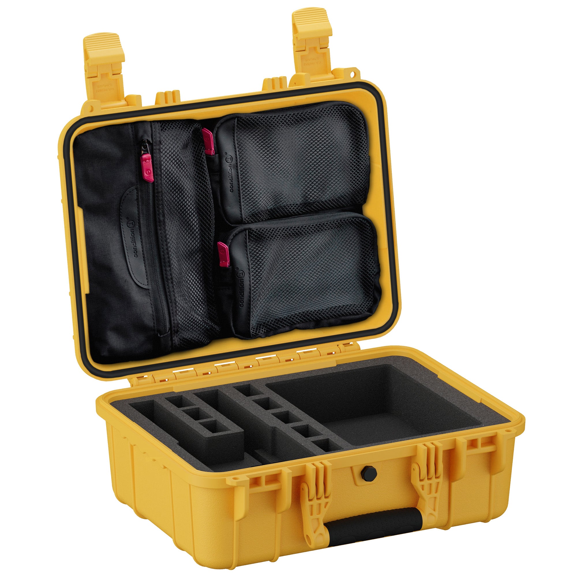 Durable 16-inch hard case for two pistols, featuring customizable foam inserts and organized storage compartments.