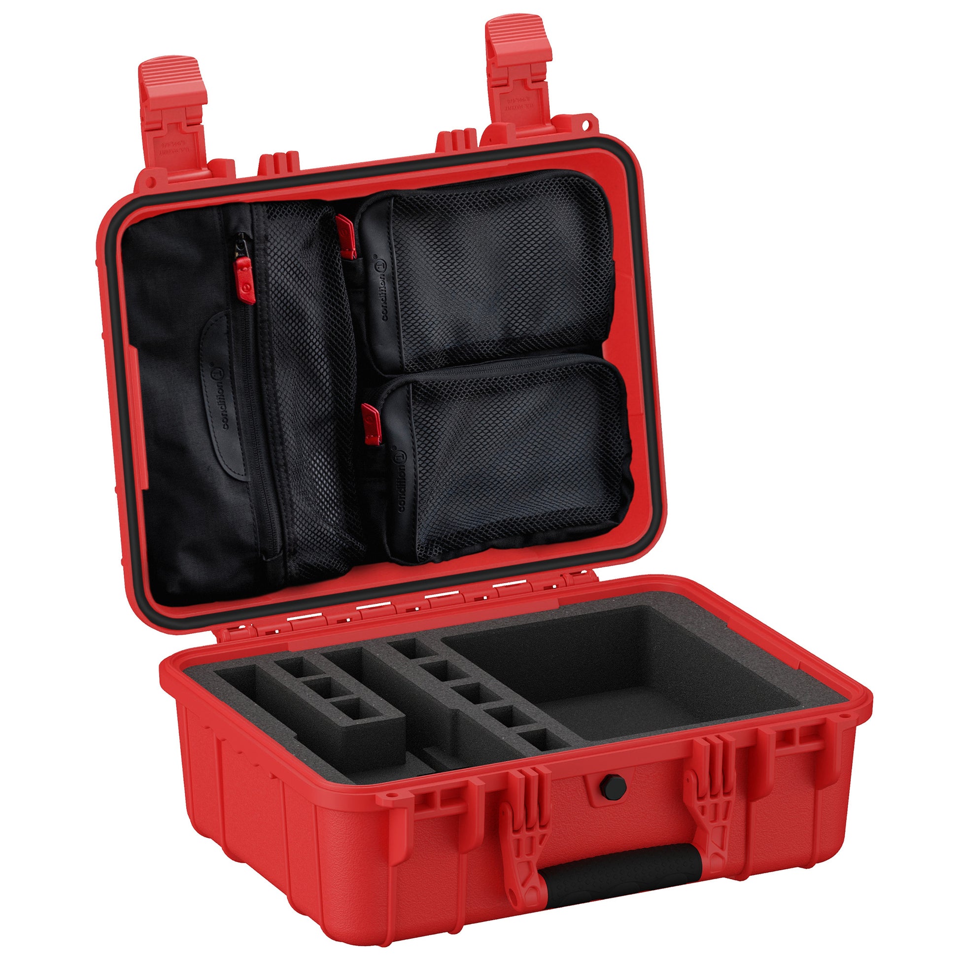 Durable 16-inch red pistol case with customizable foam interior and storage compartments for secure gear transport.