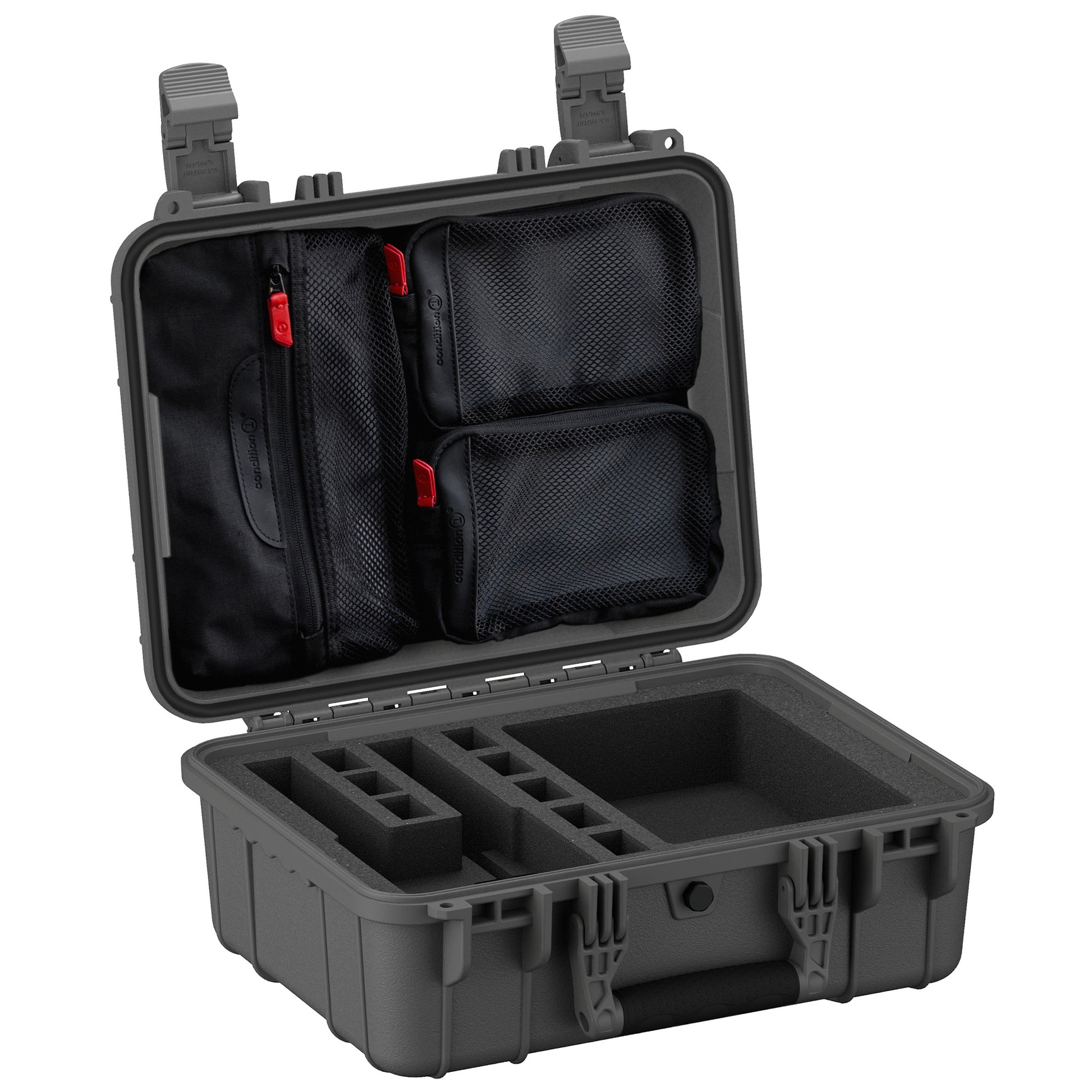 Durable 16-inch pistol case with customizable foam interior and organized pockets for secure storage and transport.