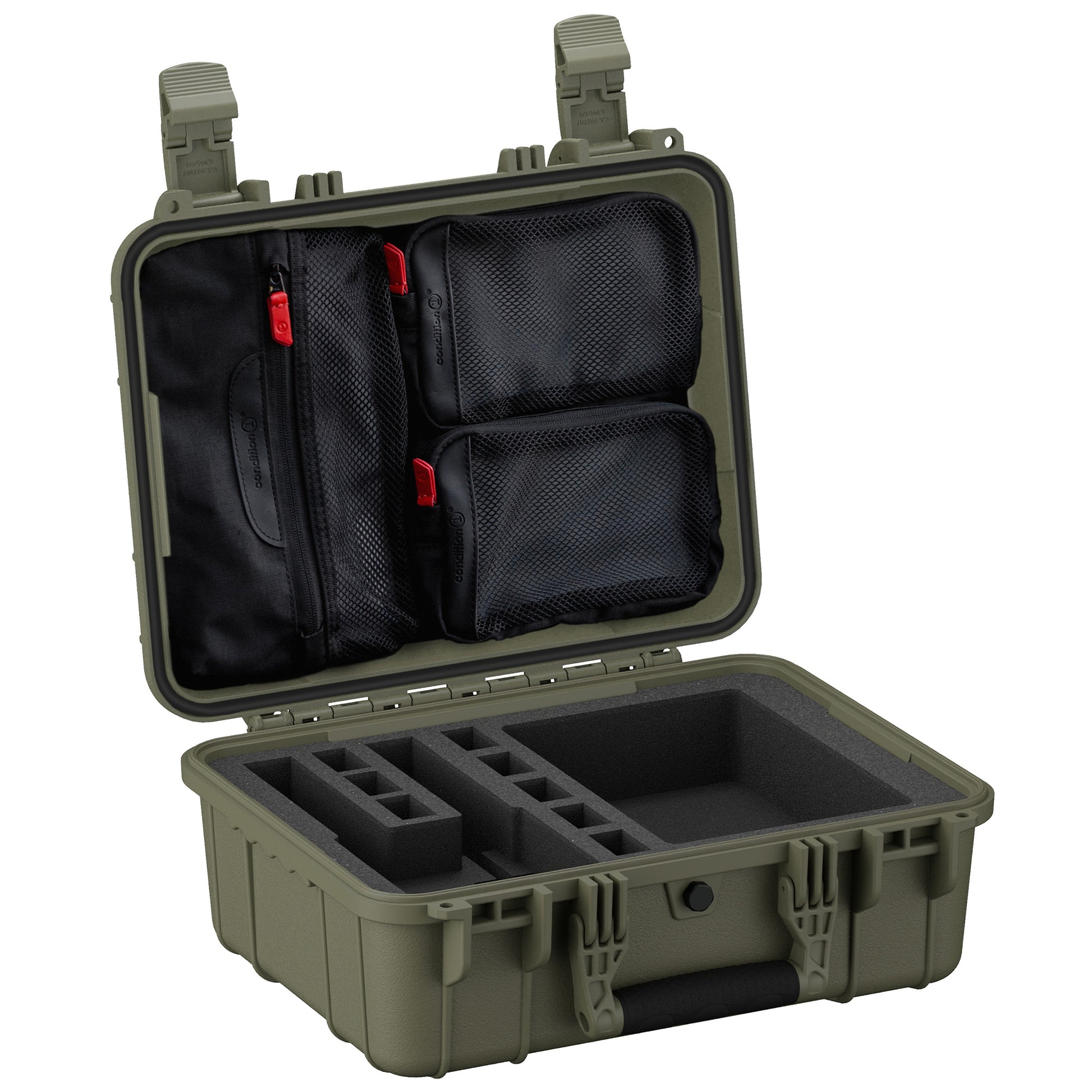 16-inch waterproof pistol case with customizable foam interior and multiple storage pockets for secure gear transport.