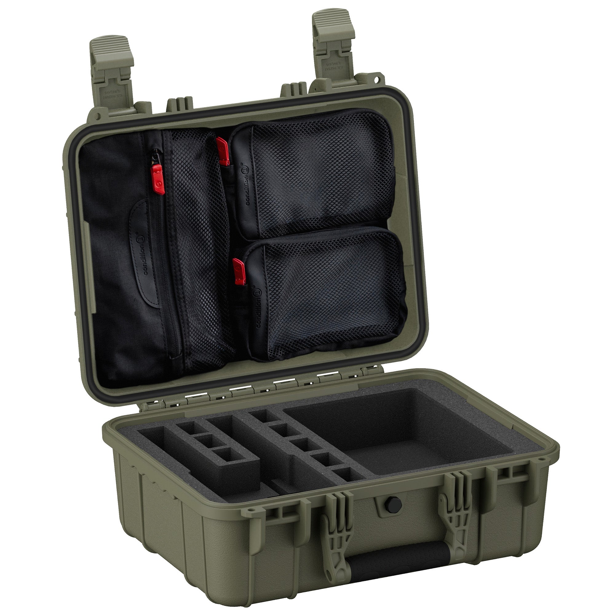 16-inch waterproof pistol case with customizable foam interior and multiple storage pockets for secure gear transport.