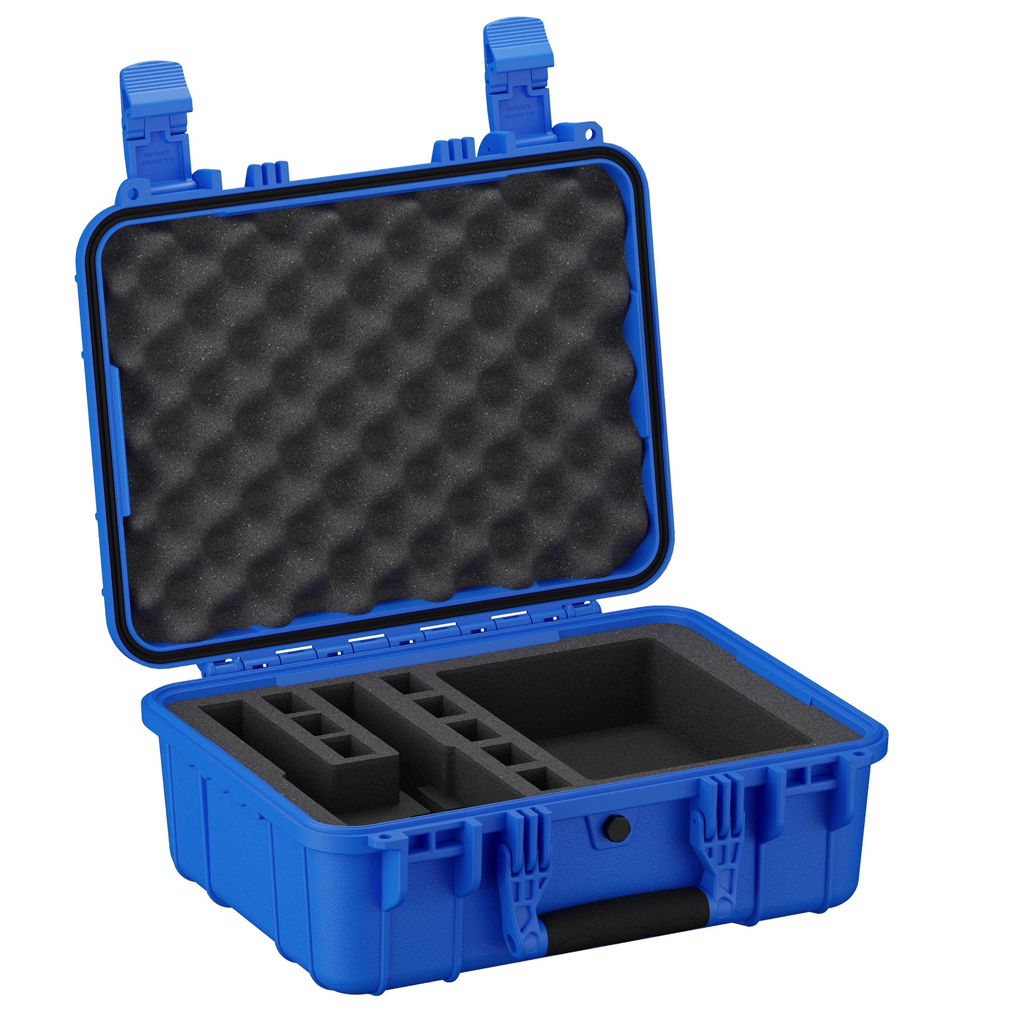 Durable 16-inch blue pistol case with foam interior and customizable compartments for secure firearm storage.