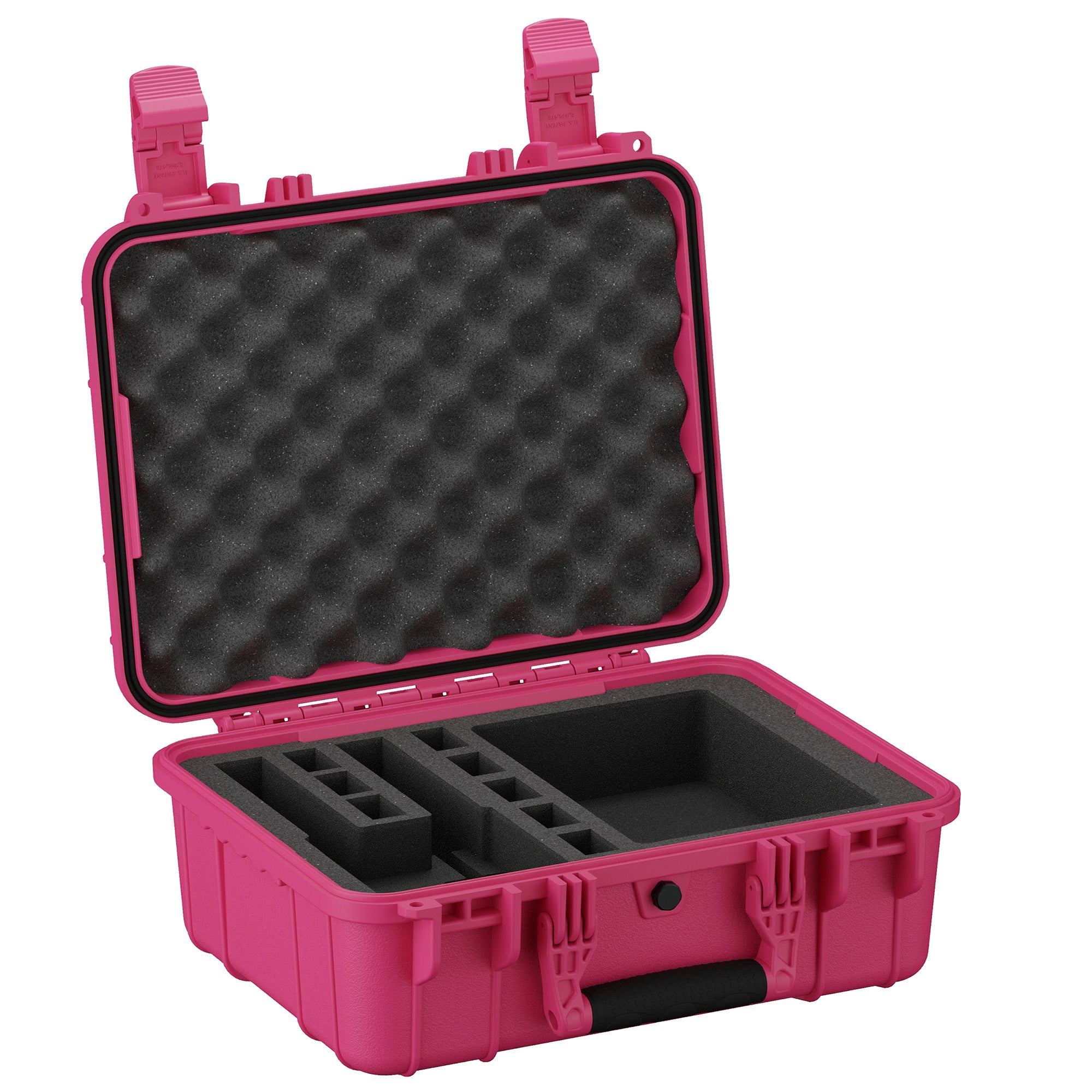 Durable 16-inch pink hard case with foam interior, designed to securely store and transport two pistols.