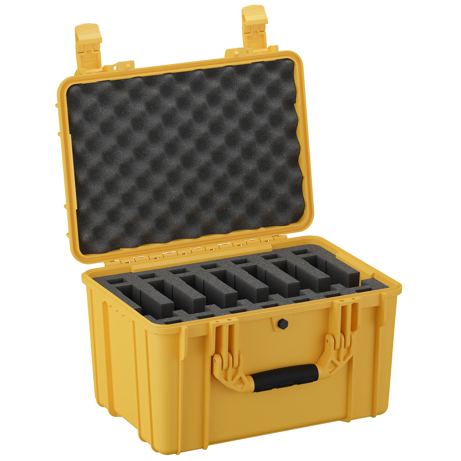 Yellow hard pistol case with foam interior, designed to hold 7 pistols, measuring 18 inches in length.