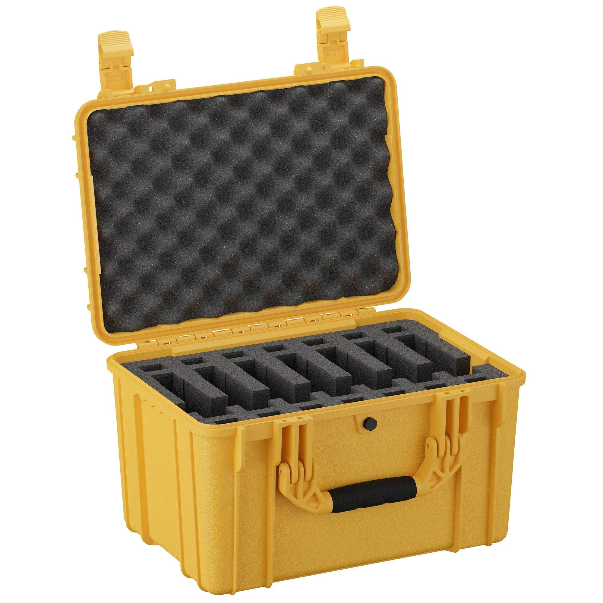 Yellow hard pistol case with foam interior, designed to hold 7 pistols, measuring 18 inches in length.