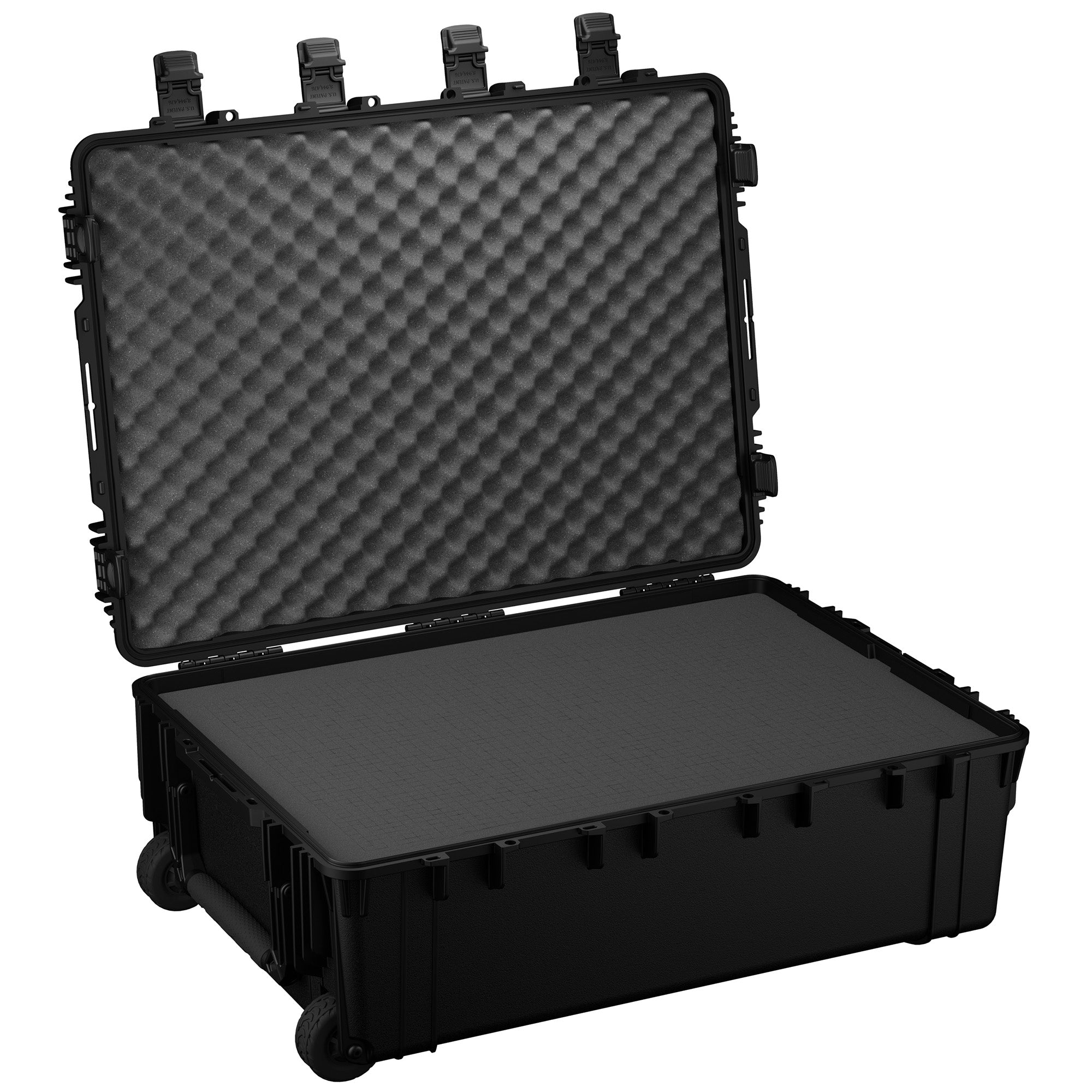 Alt text: "Black protective hard case, model #2308, 38 inches large with sturdy wheels and triple locking clasps, open to reveal egg-crate foam lined interior.”