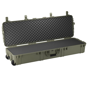 59-inch long hard case with a rugged design, featuring a foam interior and durable wheels for easy transport.
