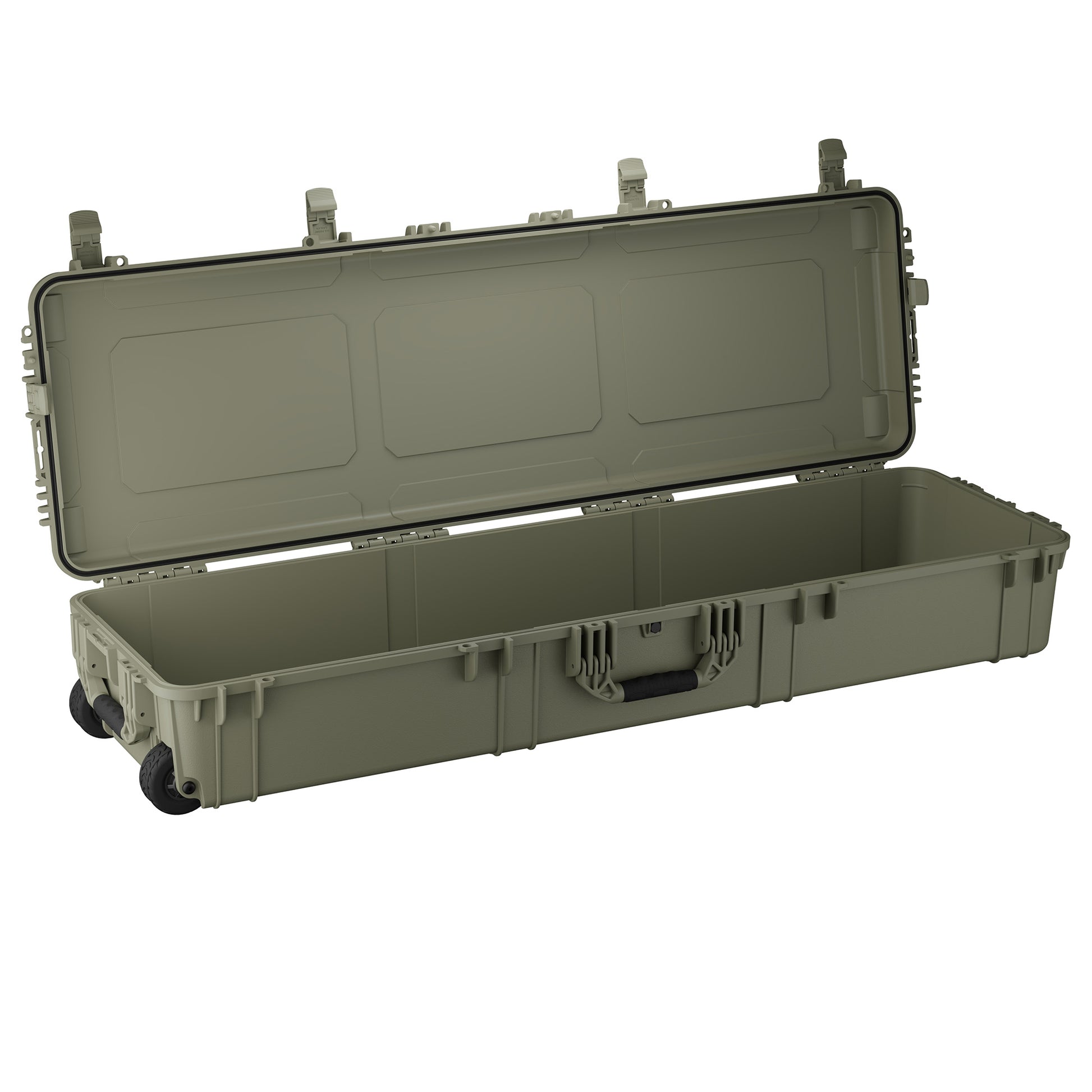 59-inch long hard case with an open lid, featuring durable wheels and latches, ideal for transporting and protecting gear.