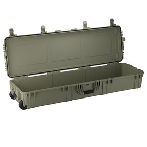 59-inch long hard case with an open lid, featuring durable wheels and latches, ideal for transporting and protecting gear.