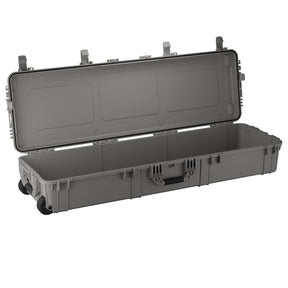 Durable 59-inch long hard case with an open lid, designed for waterproof and dustproof protection of gear.