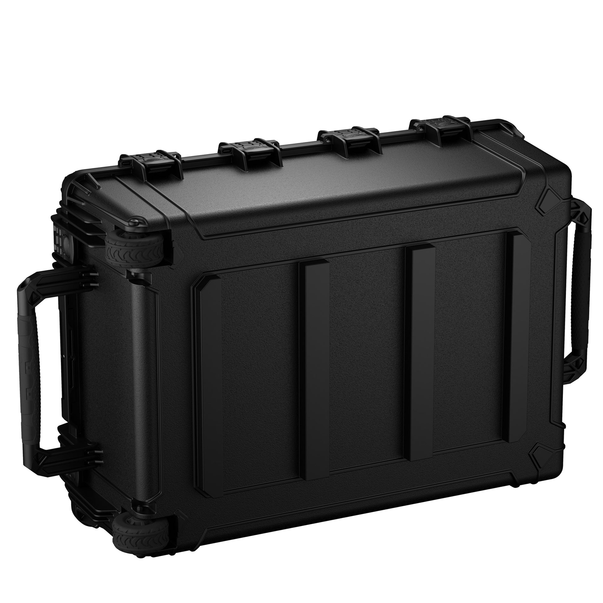 Alt text: "Black rugged large protective case model #2308, measuring 38 inches, featuring multiple latches, durable handles, and reinforced corners designed for secure storage and transportation."