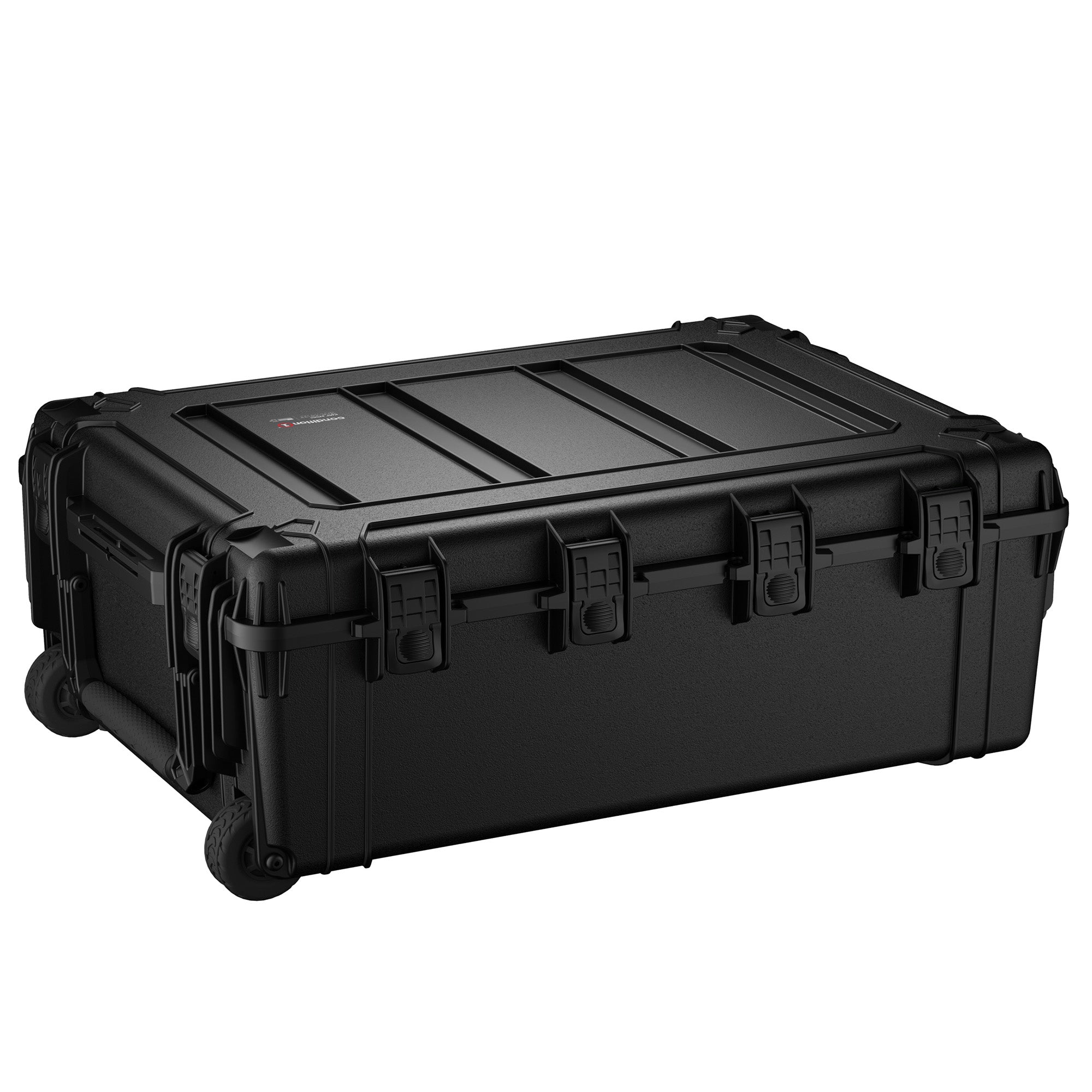 Alt text: "Black 38-inch large protective case with a robust handle and multiple latches, featuring wheels for easy mobility and designed for secure, heavy-duty storage and transport."