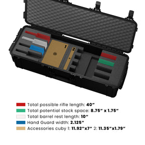 45-inch hard case interior showing compartments for four rifles, accessories, and padding for secure storage.
