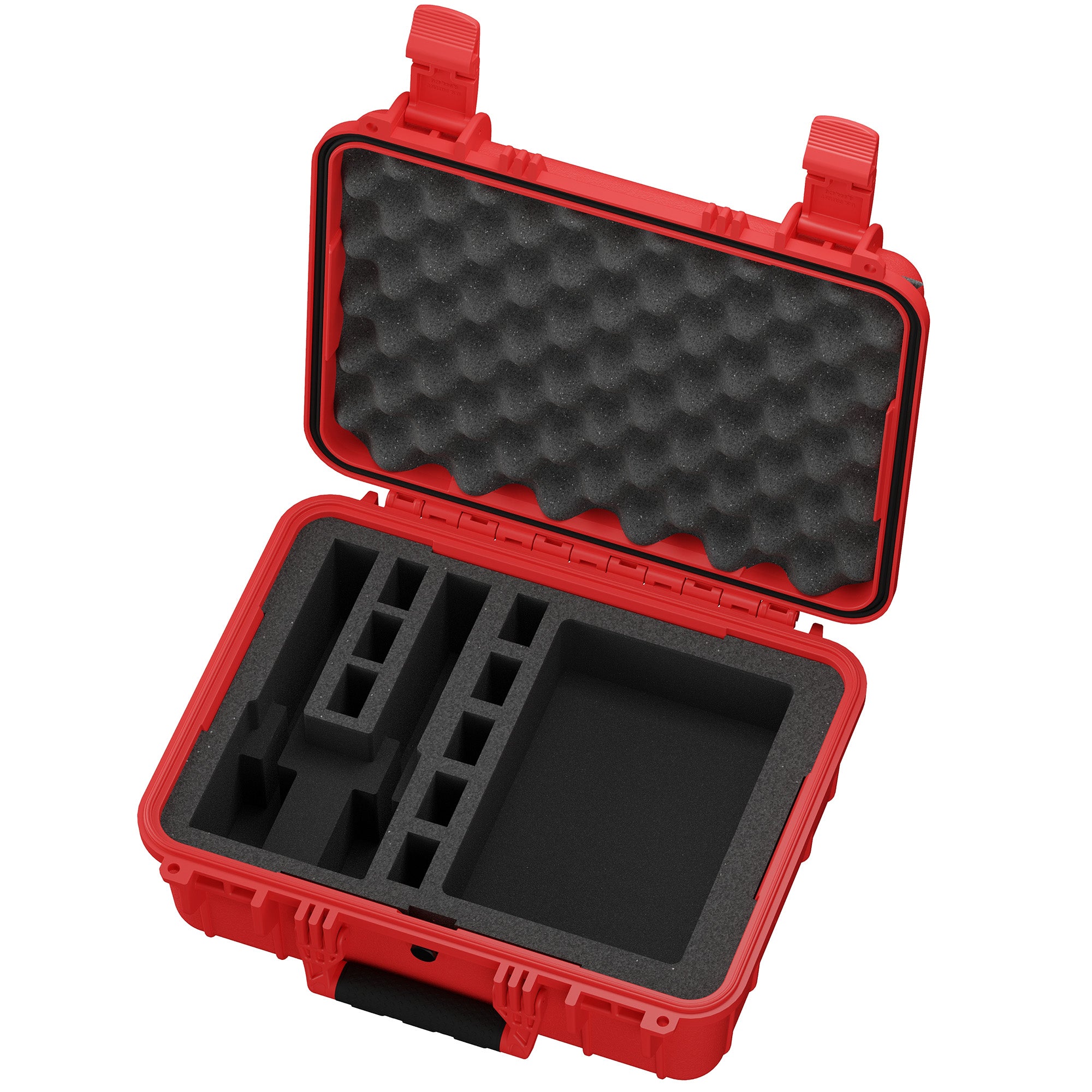 16-inch red hard case with foam interior, designed to securely store and protect two pistols during transport.