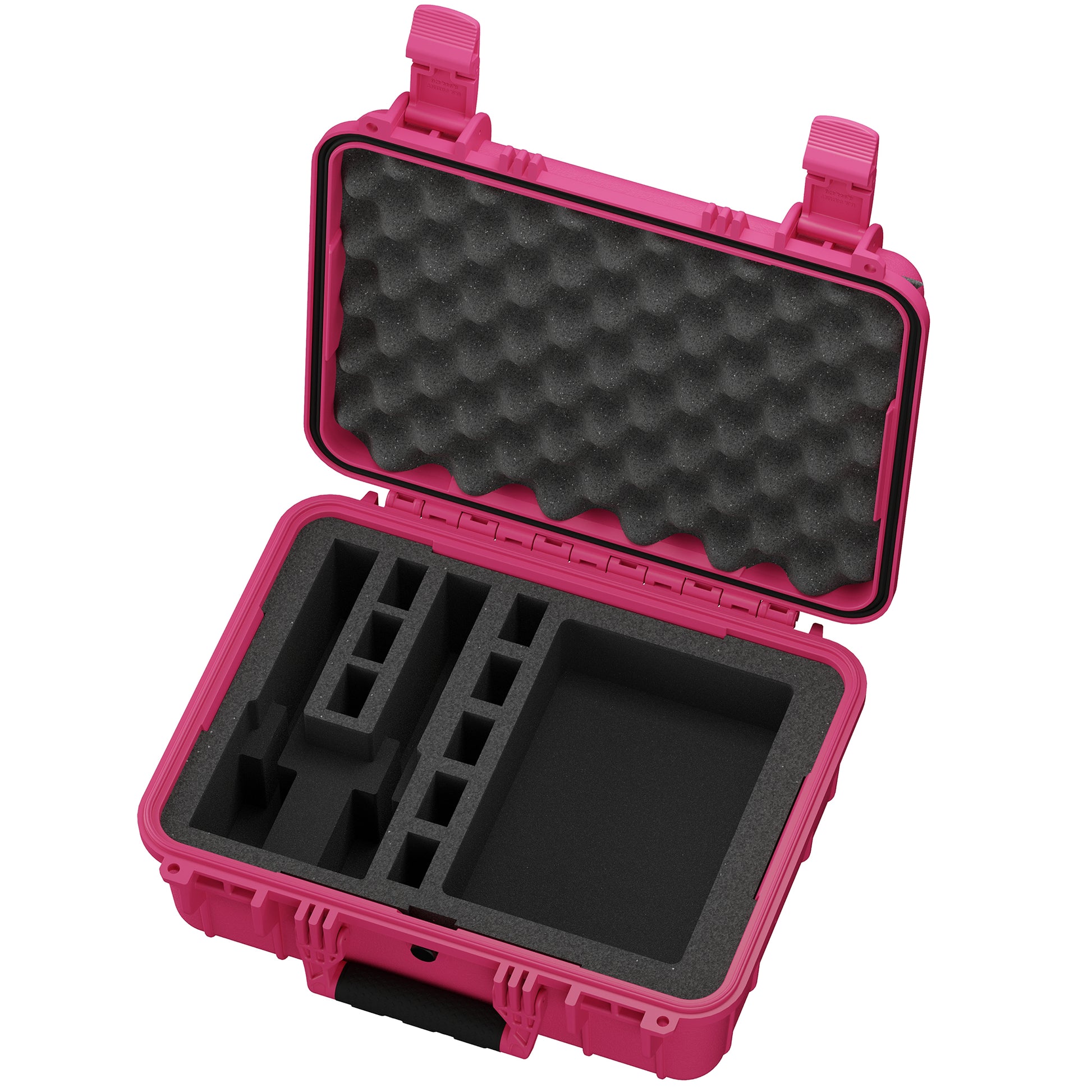 Open 16-inch pink pistol case featuring customizable foam interior for secure storage of two pistols and accessories.