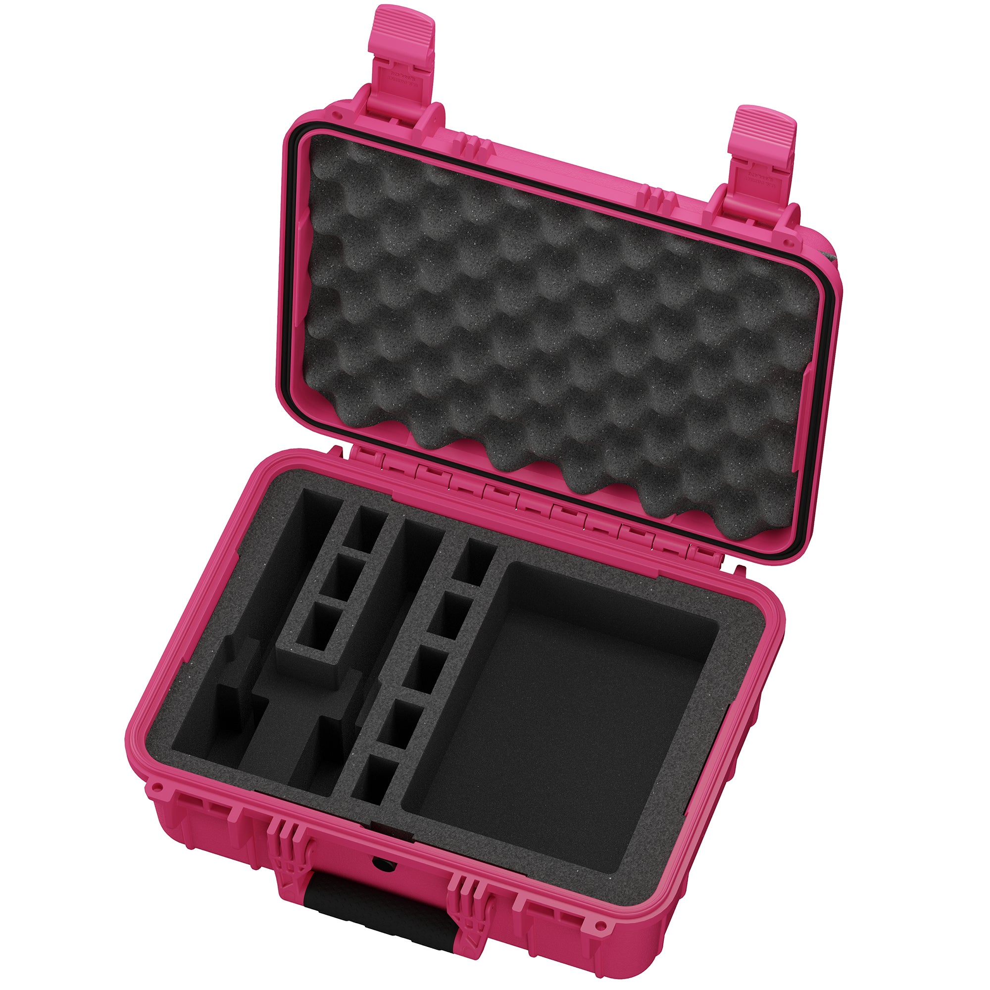 Open 16-inch pink pistol case featuring customizable foam interior for secure storage of two pistols and accessories.
