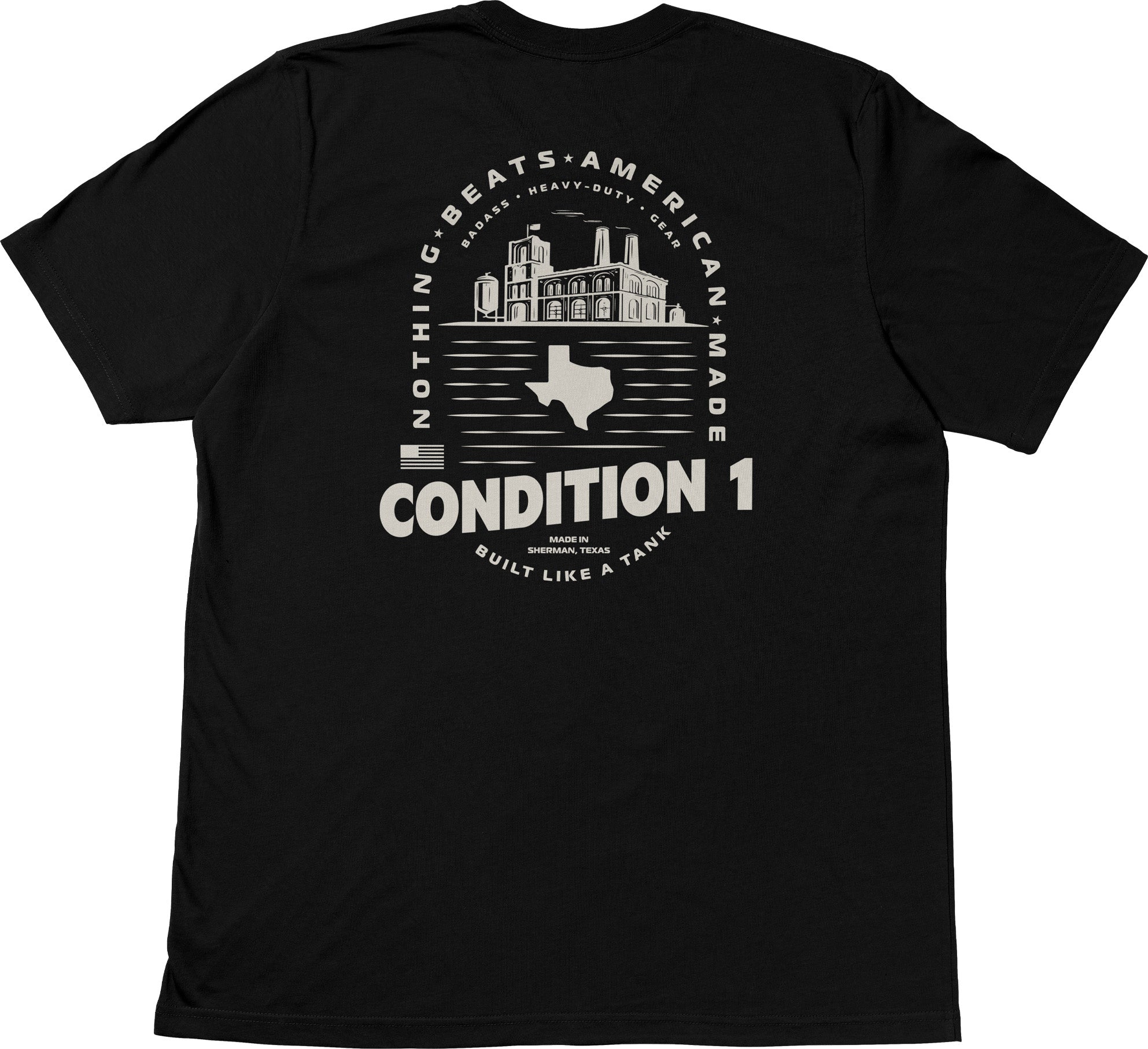 Black American-made T-shirt featuring a graphic of a factory, Texas outline, and text emphasizing quality and durability.