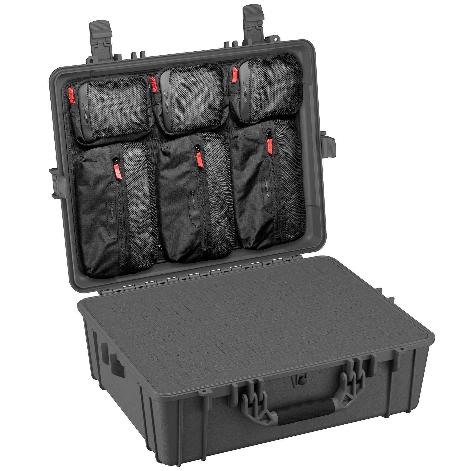 Large 25-inch waterproof hard case with customizable interior compartments for secure storage of electronics and gear.