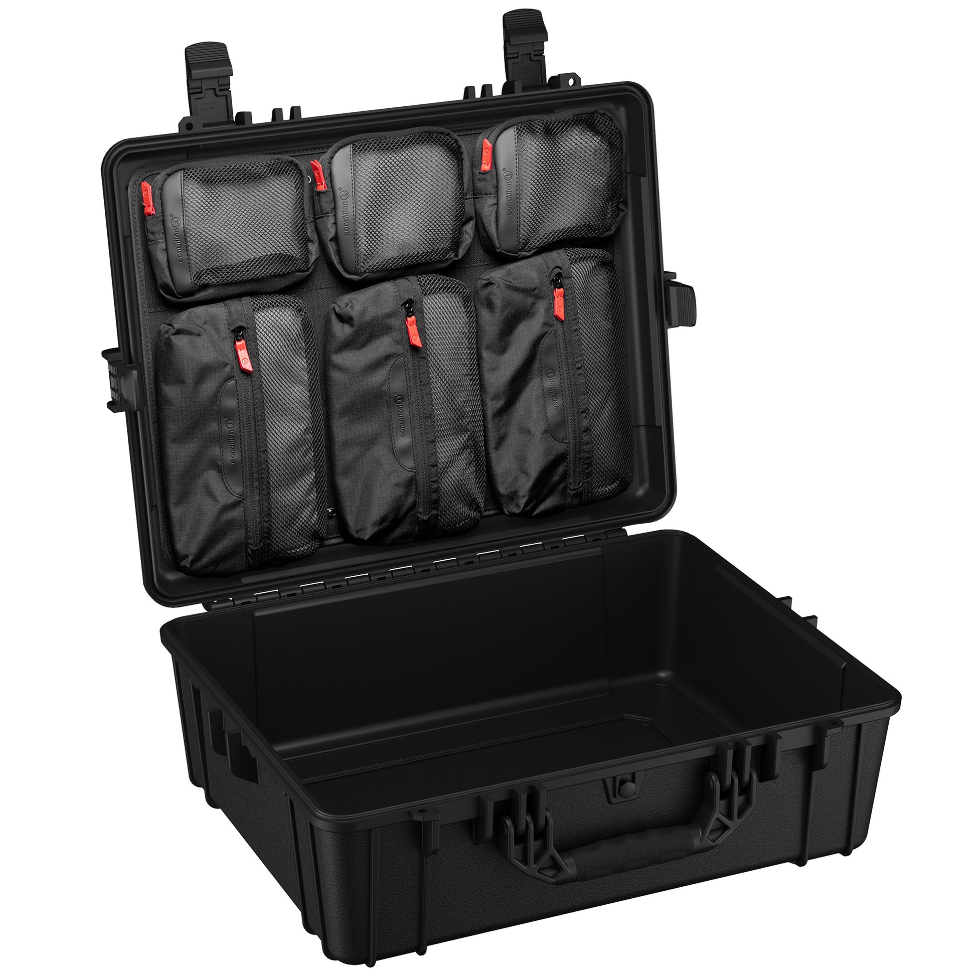 Durable 25-inch hard case with customizable interior pockets for secure storage of cameras and electronics.