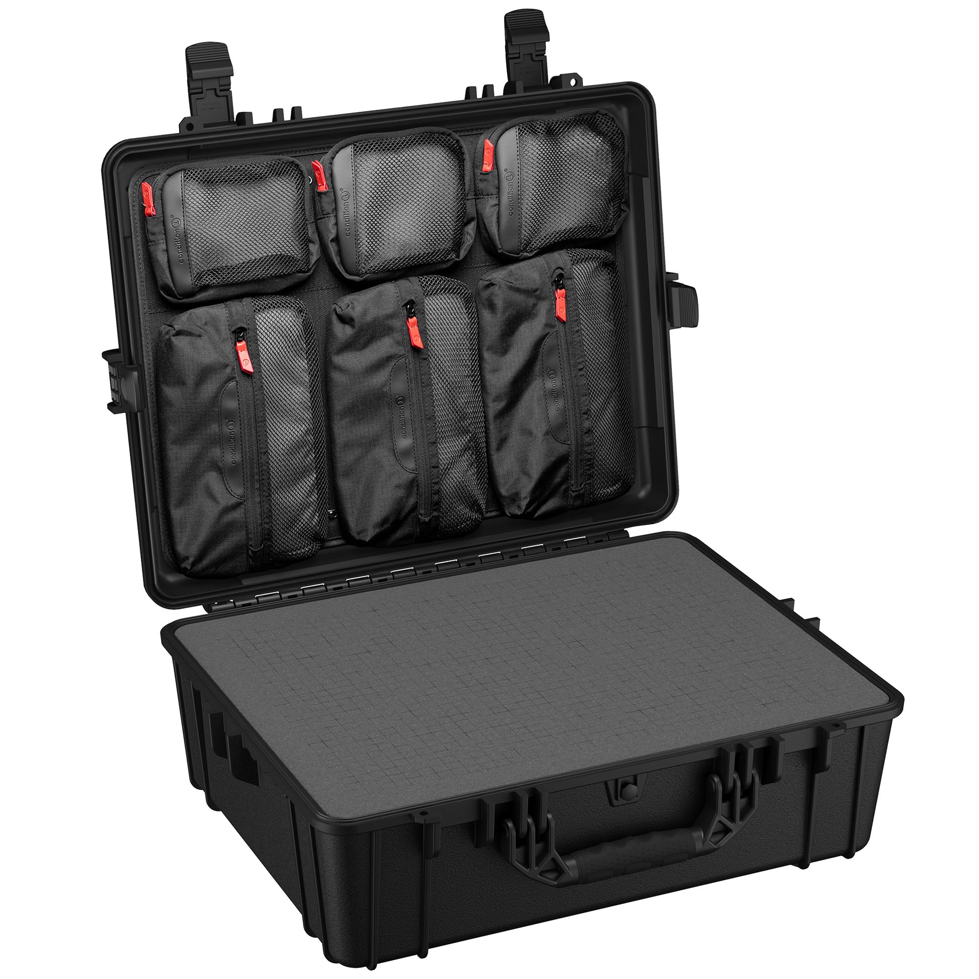 Large 25-inch hard case with customizable interior, featuring multiple mesh pockets for organized storage and protection.