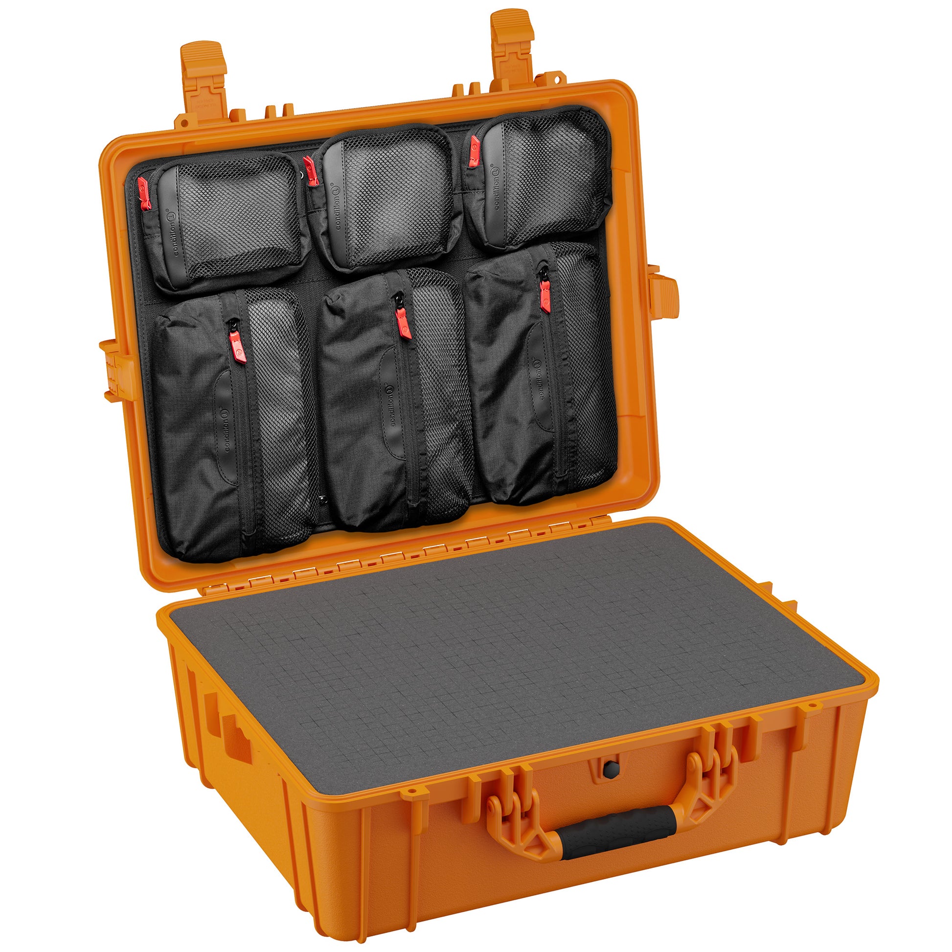 Durable 25-inch waterproof hard case with customizable interior pockets for secure storage of electronics and gear.