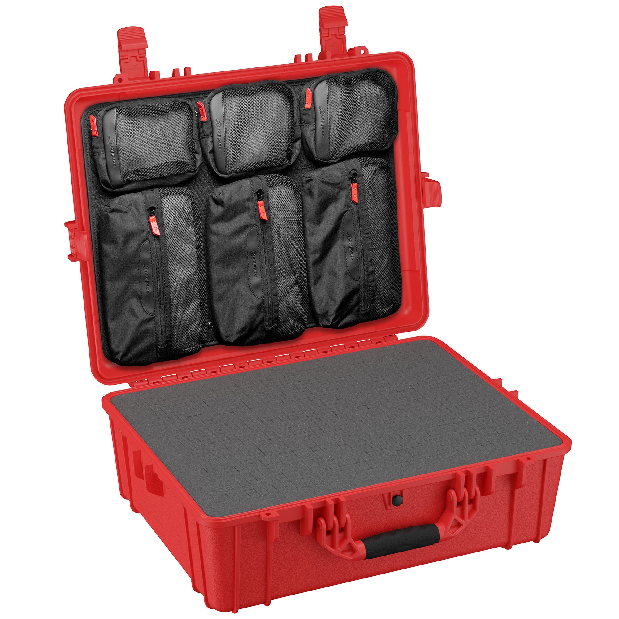 Large 25-inch waterproof hard case with customizable interior and multiple storage pockets for secure gear transport.