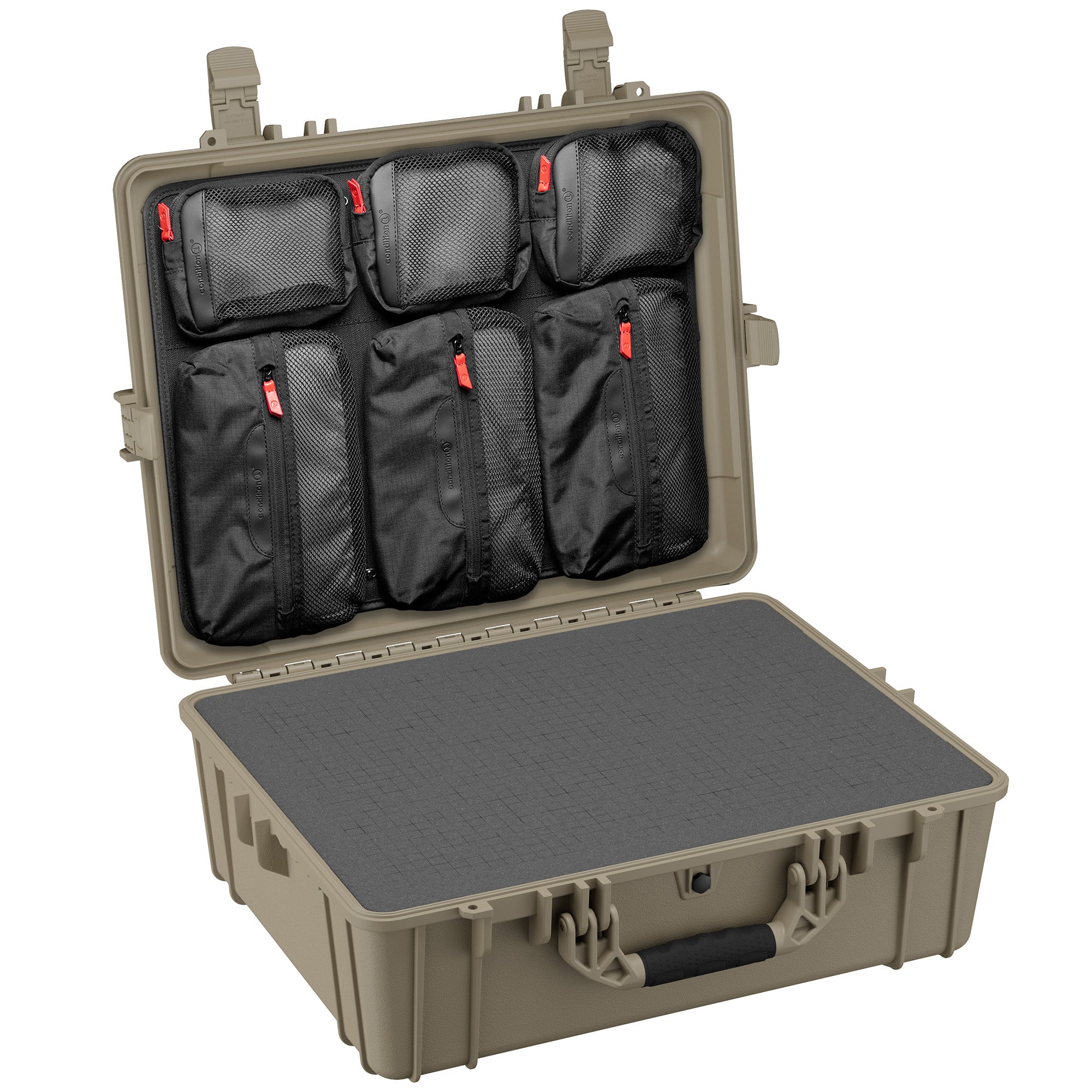 Durable 25-inch hard case with customizable interior, featuring multiple mesh pockets for organized storage and protection.