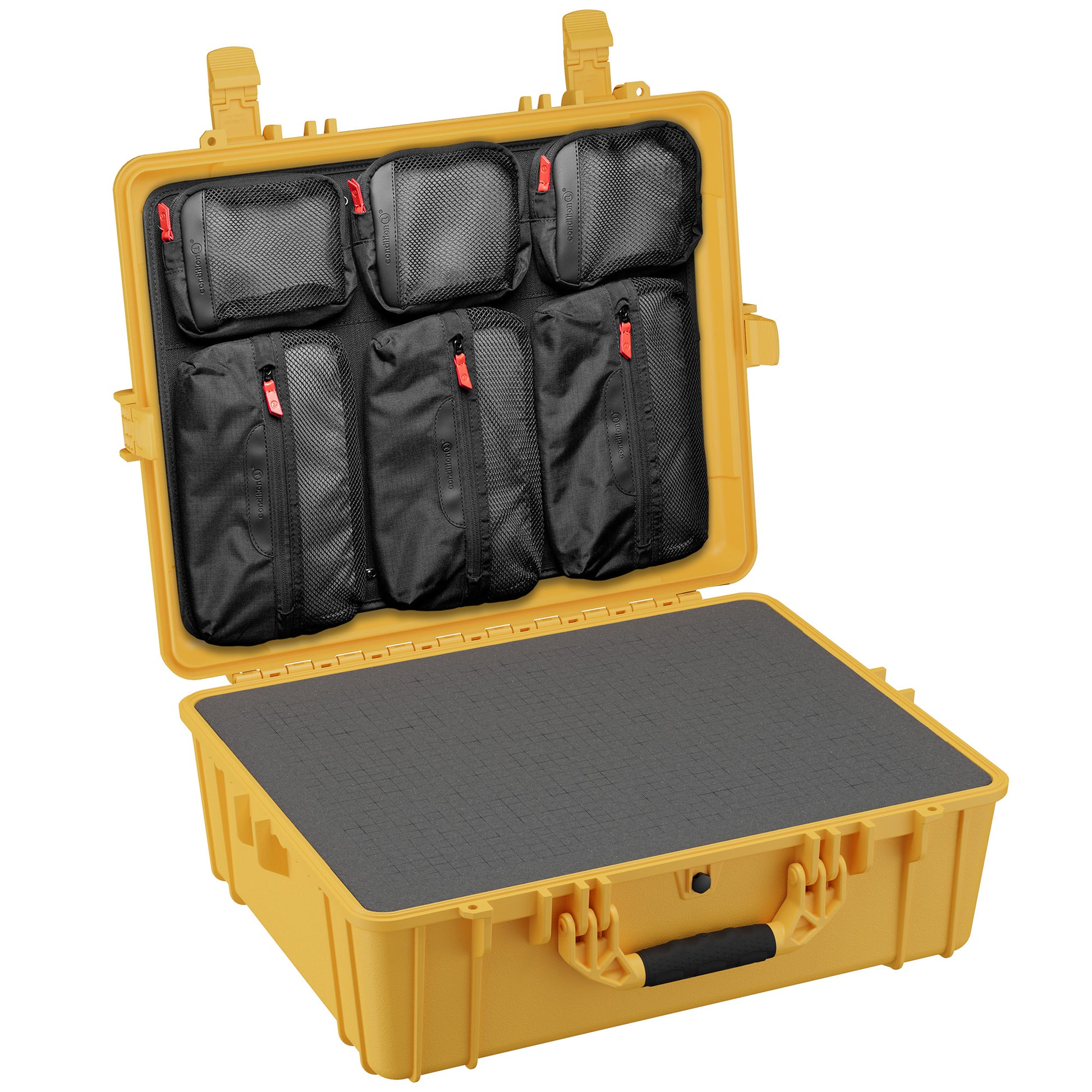 Large 25-inch waterproof hard case with customizable interior pockets for secure storage of cameras and gear.